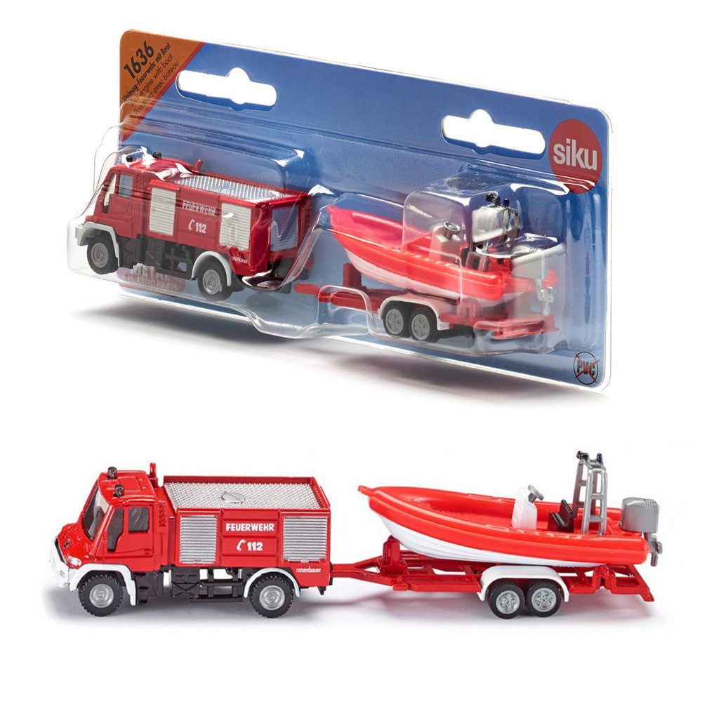 SIEPER Modellauto siku Unimog Feuerwehr mit Boot 1:87