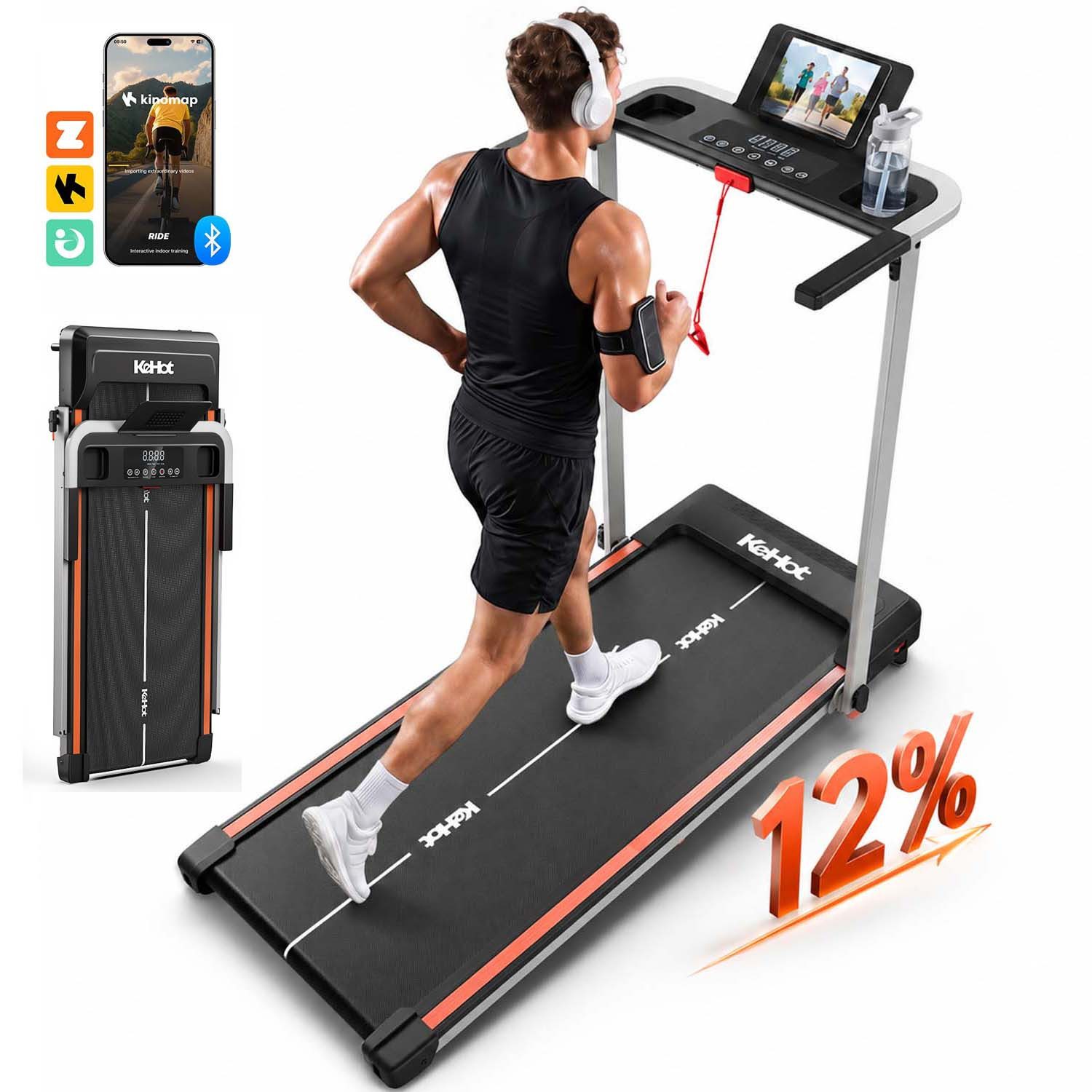 kehot Laufband Leises Laufband für Zuhause mit Steigung (12 % Steigung für intensiveres Cardio- und Ausdauertraining, 1–12 km/h mit 40 × 100 cm Lauffläche für Walking und Jogging), Bluetooth-App, LED-Display und klappbares Design bis 125 kg