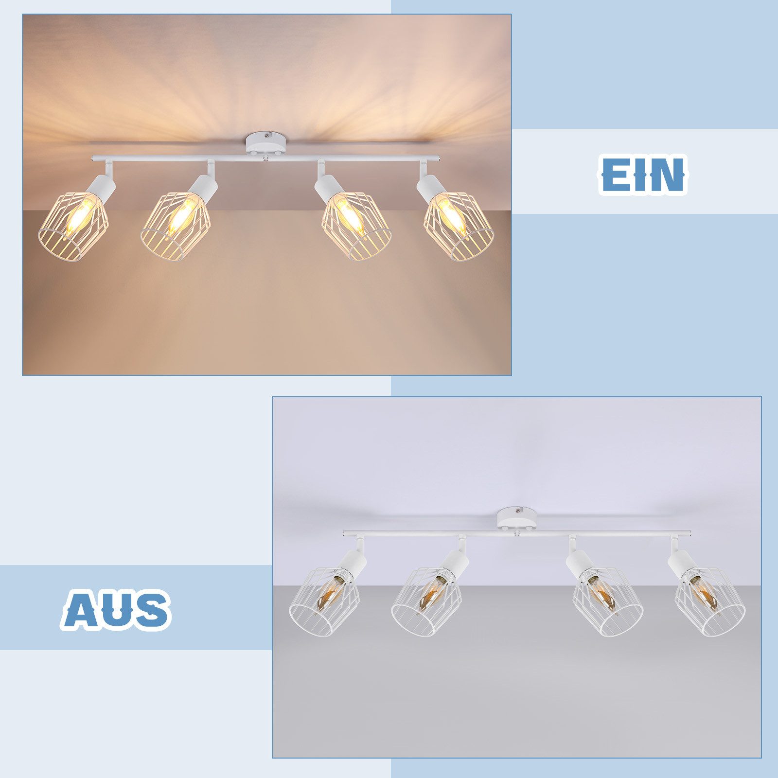 ZMH Deckenleuchte Wohnzimmer Schwarz/ Weiß 4 Flammig Deckenstrahler Drehbar 350° Flur, Metall Retro Deckenstrahler 90° Drehpunkt, ohne Leuchtmittel, IP20 Staubg – Bild 5 von 5