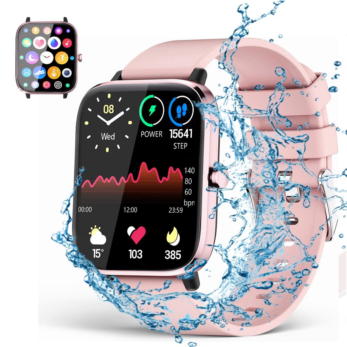 ombar SmartWatch Damen Herren Voll Notiz,Smartwatch Uhren Rosa mit Tracker Fitness Wasserdicht,1.70" iOS/Android Touch Zoll) Fitnessuhr Bluetooth mit HD Touchscreen Uhr Blutsauerstoff/Pulsmesser/Sportuhr/Schrittzähler/Schlafmonitor Watch Tracker usw cm/1.7 Voll Telefonfunktion/WhatsApp Screen Anrufe, Smartwatch IP67 für 1.7" Aktivitätstracker (Fitnessuhr mit