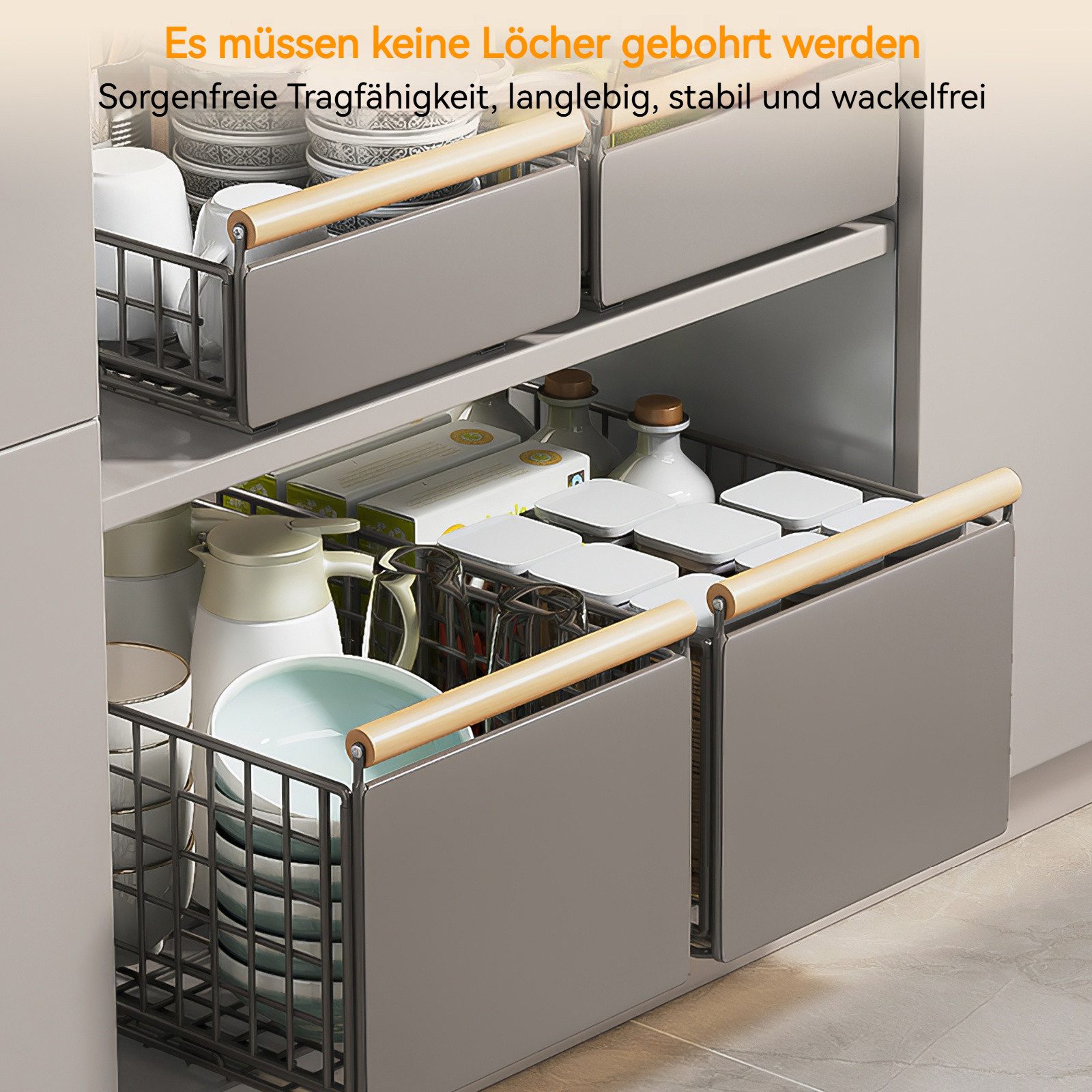 BlingBin Küchenregal Teleskopschublade Schublade Faltbare Erweiterbar Küchenschublade, 1 Set 1-tlg., Für KüChenschräNke,Kein Bohren und Nageln Erforderlich