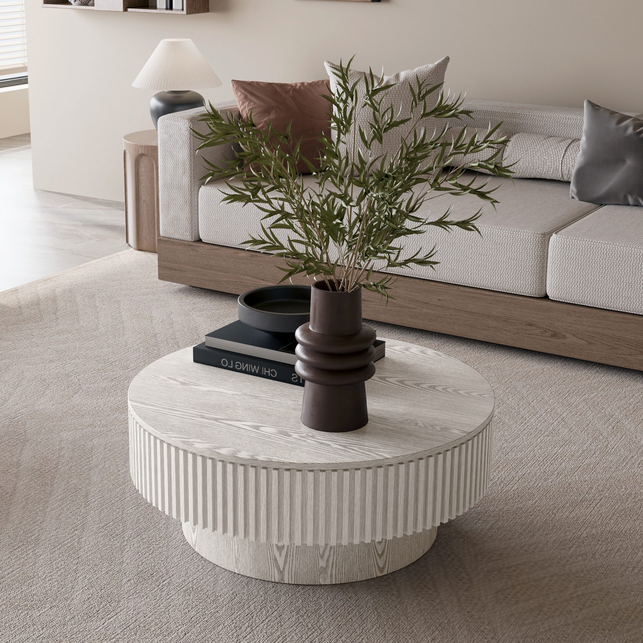REDOM Couchtisch Moderner Wohnzimmertisch als Teetisch für Apartment & Büro (Mit integriertem Stauraum, modernes Design, 1-St., Runder Beistelltisch mit Ablagefach für stilvolle Einrichtung), Runder Couchtisch 75 cm Weiß mit Stauraum Echtholzfurnier