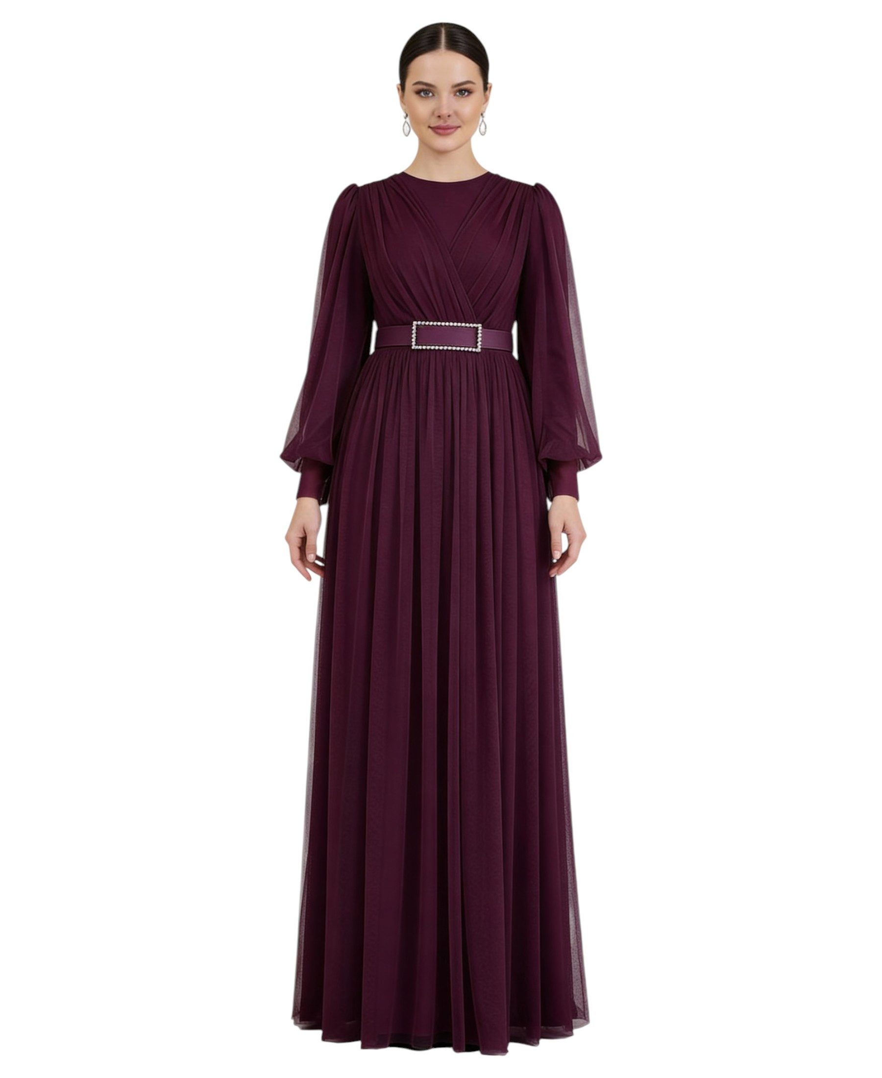fashionshowcase Abendkleid Damen Maxikleid langarm Tüllkleid elegant mit Gürtel Modest Fashion Fließender Plissee-Rock mit taillierendem Gürtel