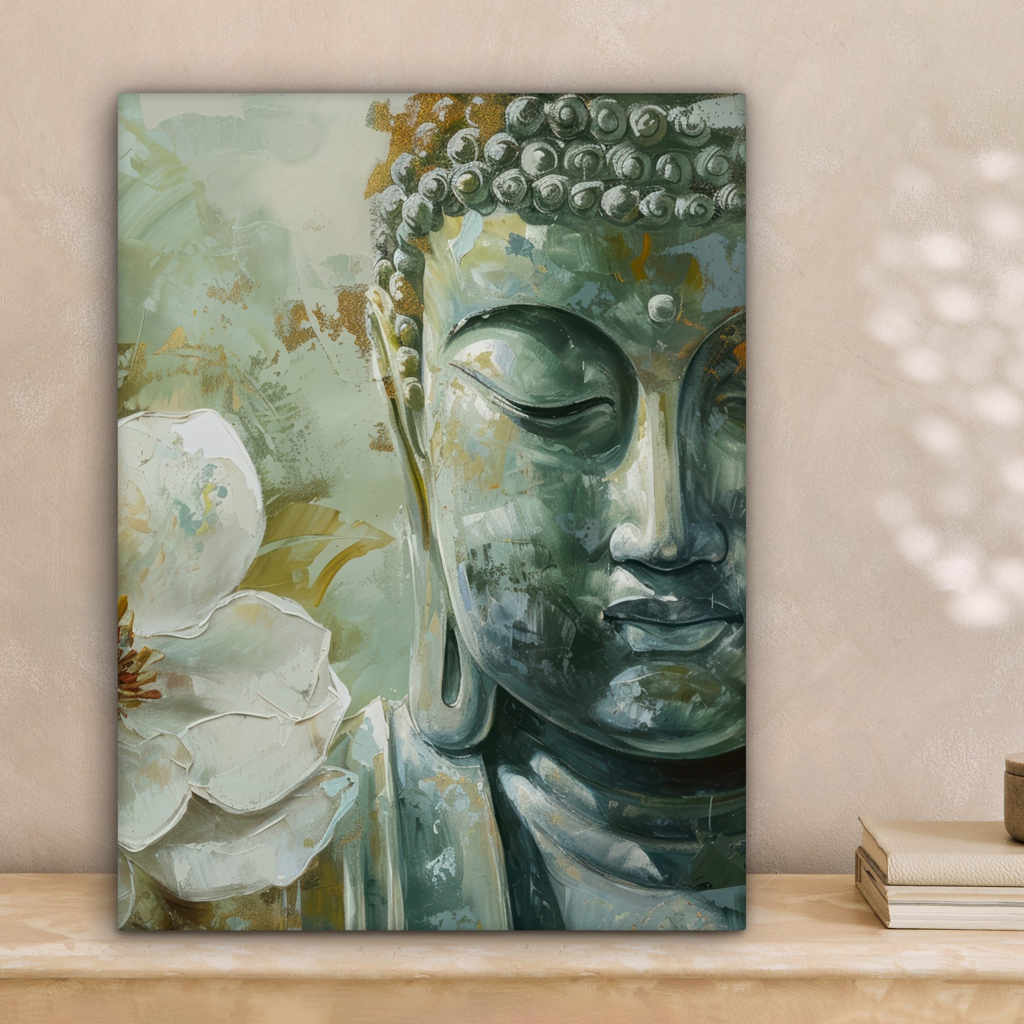 OneMillionCanvasses® Leinwandbild Buddha - Grün - Lotusblume - Weiß, Fotodruck (1 St), Leinwand Bilder für Wohnzimmer Schlafzimmer 30x40 cm
