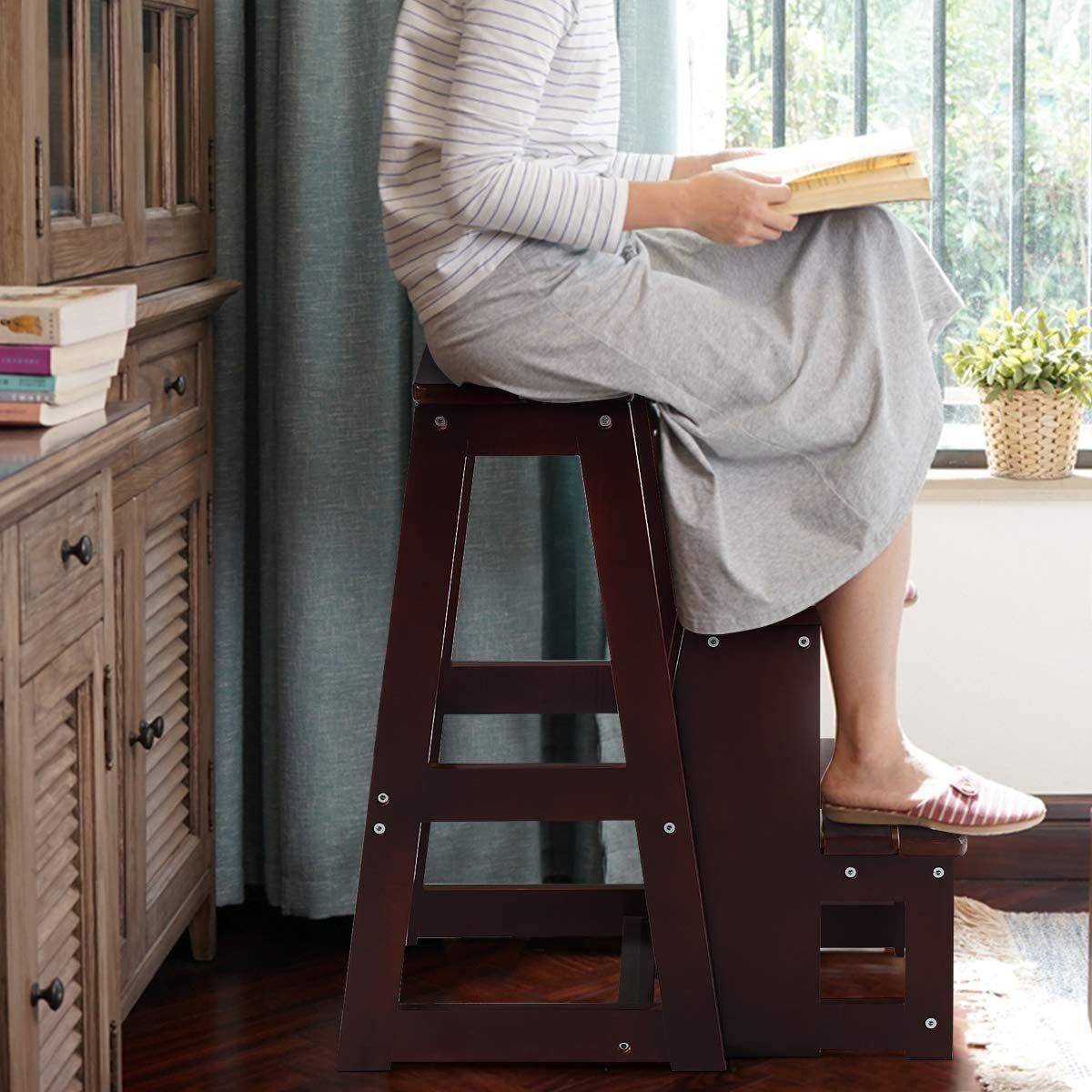 LAKINGO Solid Pine Wood Step Stool - 15.2" High, 500 Lb Capacity, Fully Assembled (Carbonized Finish) - View #13