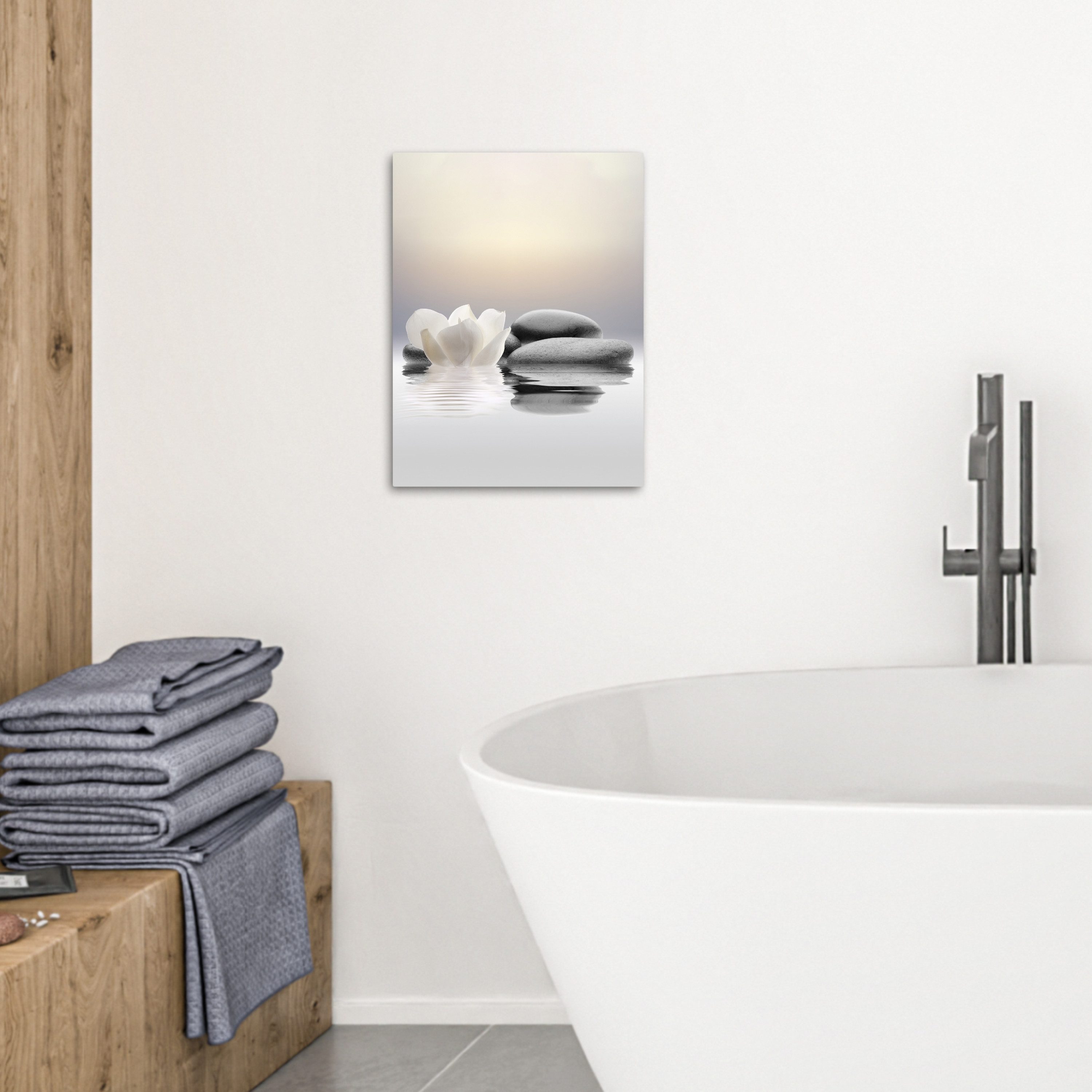 OneMillionCanvasses® Leinwandbild Steine - Lotus - Weiß - Wasser - Zen, Fotodruck (1 St), Badezimmer Deko, Bilder Bad, Gäste WC Wanddeko 30x40 cm