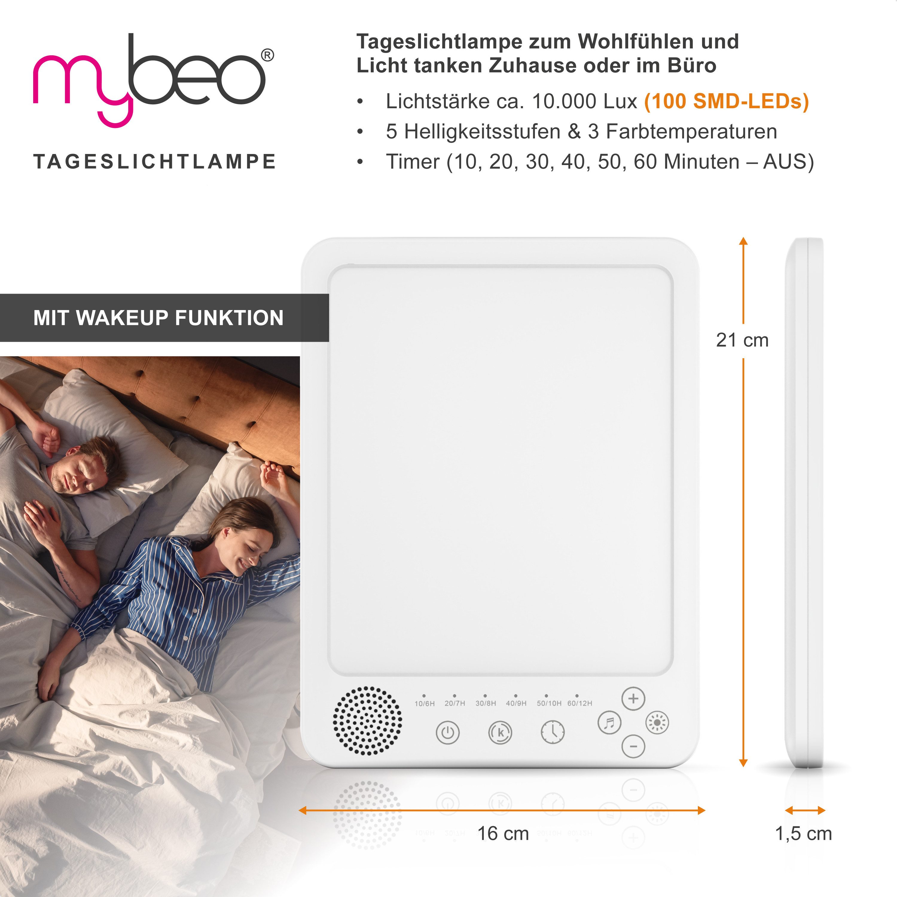 MyBeo Tageslichtlampe LED Lichttherapielampe, Tageslichtleuchte mit Standfuß, Lichtdusche, Dimmfunktion, verschiedene Lichtmodi, LED fest integriert, Kaltweiß, Neutralweiß, Tageslichtweiß, Simuliert Tageslicht, dimmbar, 3 Lichtmodi, UV-frei, Wake-Up-Funktion