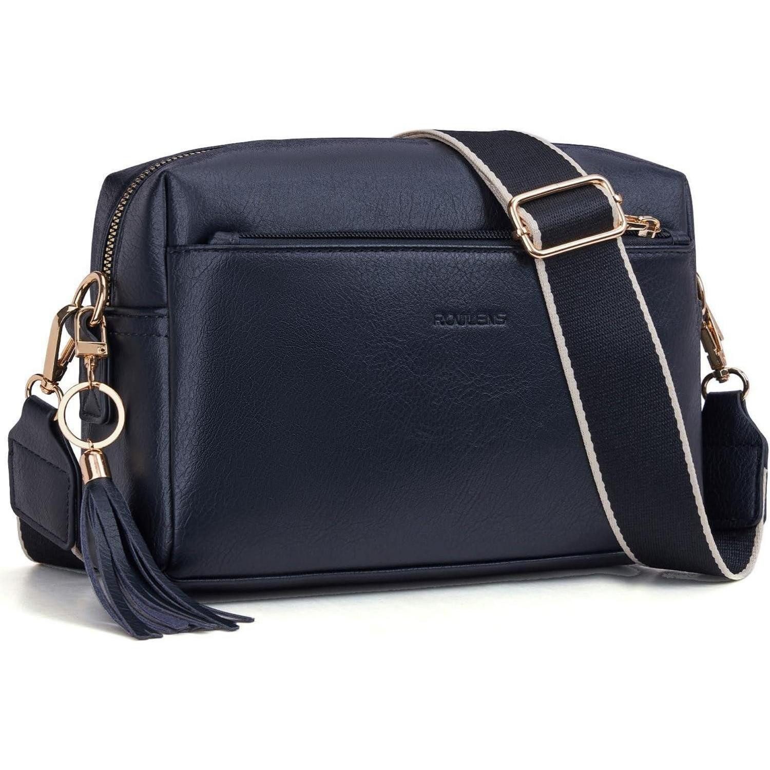 Umhängetasche Damen Umhängetasche Veganem Leder Crossbody Schwarz mit 3