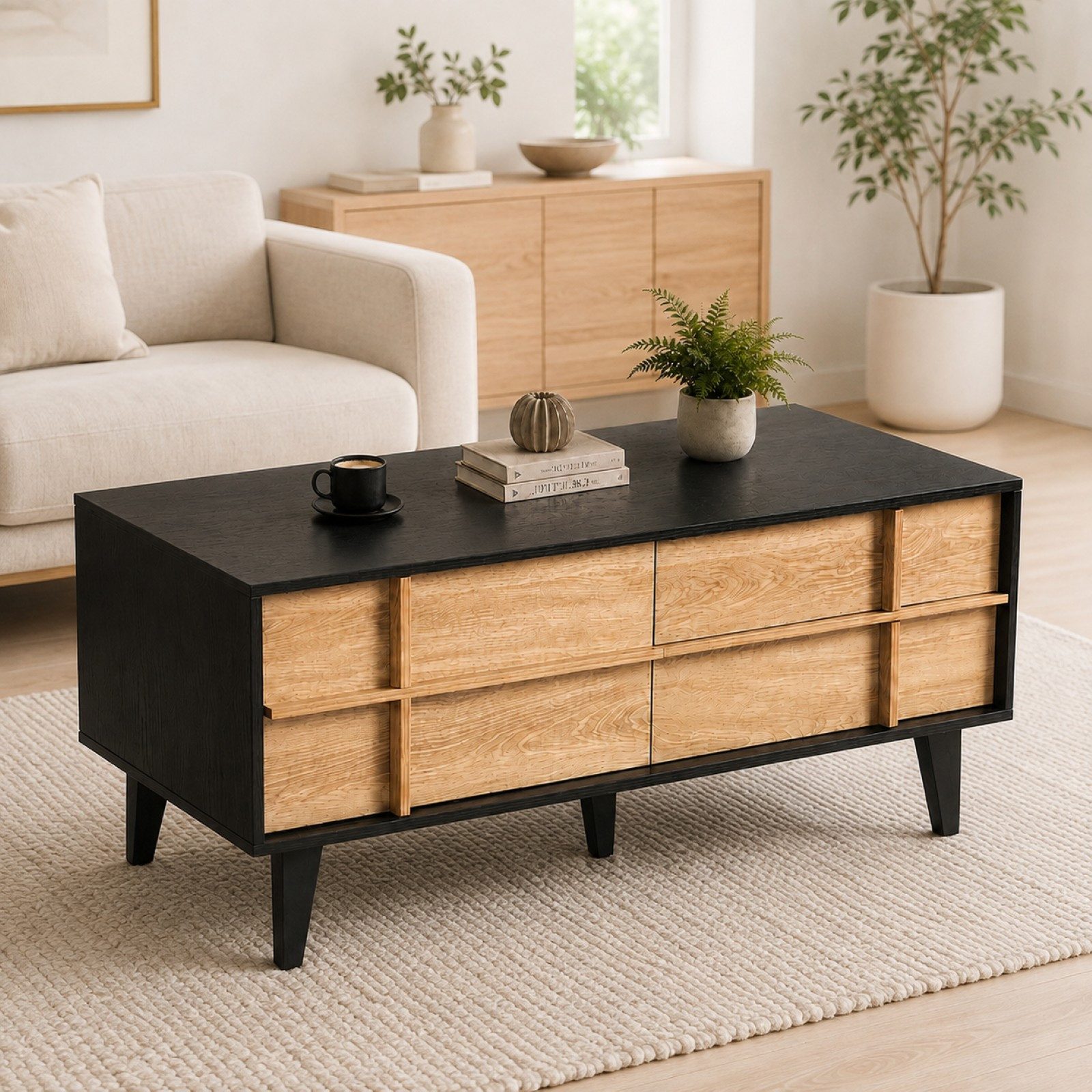 HomeGuru Couchtisch Couchtisch mit 3D-Streifendesign, Schubladen und Tür für Wohnzimmer