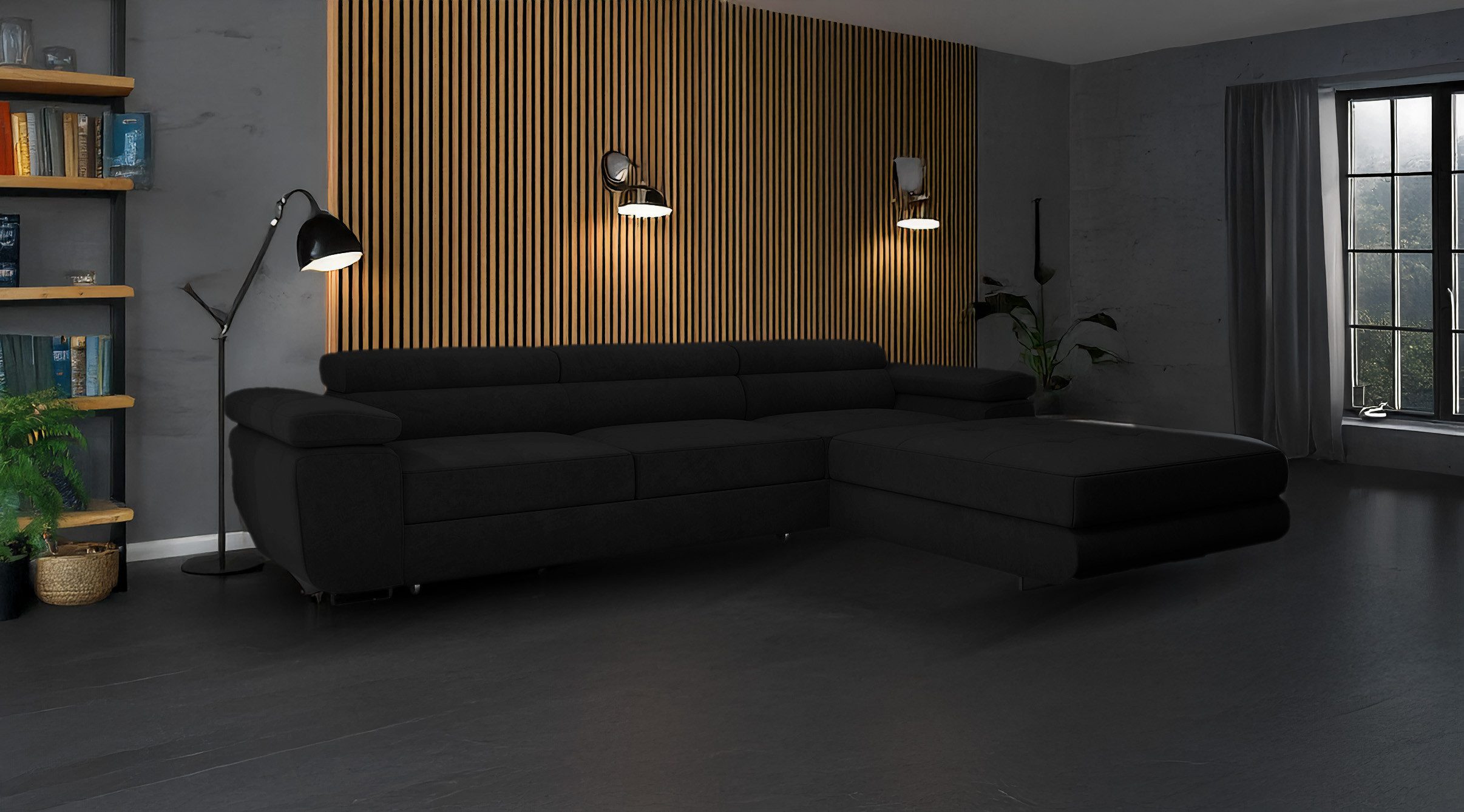 Goldstoff Ecksofa mit Schlaffunktion und Bettkasten, Designer Schlafsofa mit Bettkasten, Big Sofa - VENUS TWIN, Couch mit verstellbaren Kopfstützen in schwarz