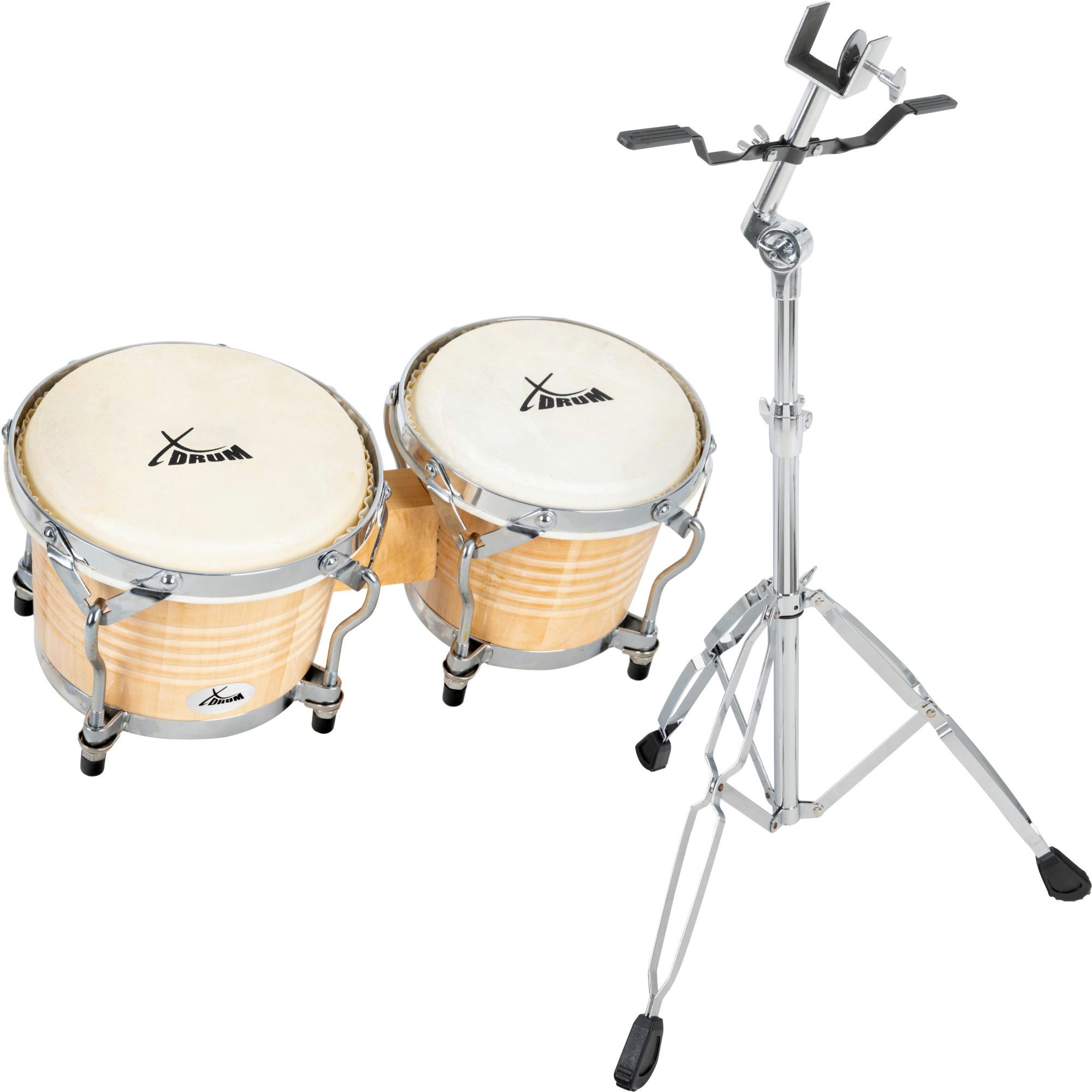 XDrum Bongo Pro - 6,5" Macho und 7,5" Hembra,Spar-Set, inkl. Ständer, mit stimmbaren Naturfellen - Holz: Birke