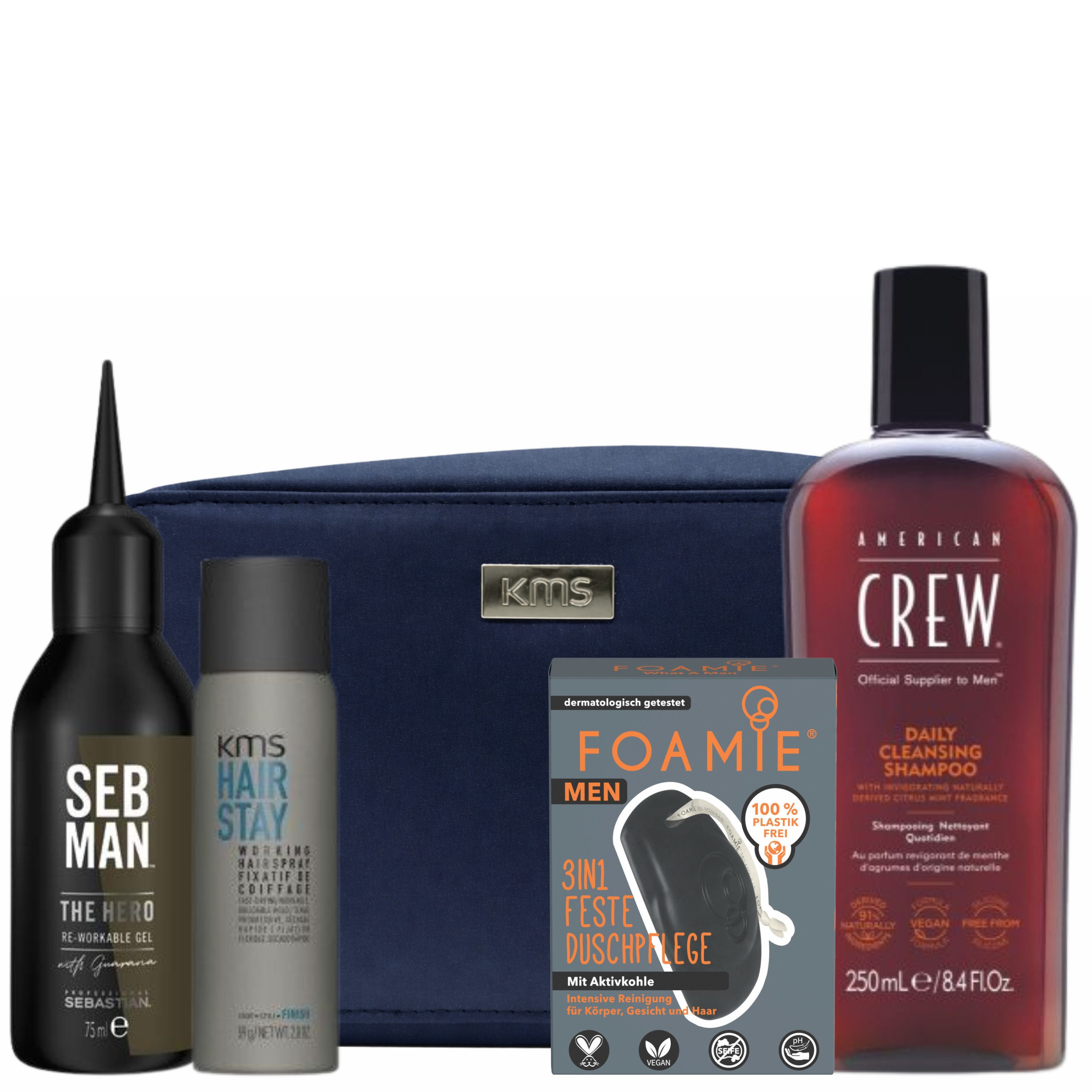 HairGecko Haarpflege-Set Premium Men’s Grooming Set – Styling & Pflege mit KMS Kulturtasche, 4-tlg., für Männer mit Anspruch an gepflegtes Styling