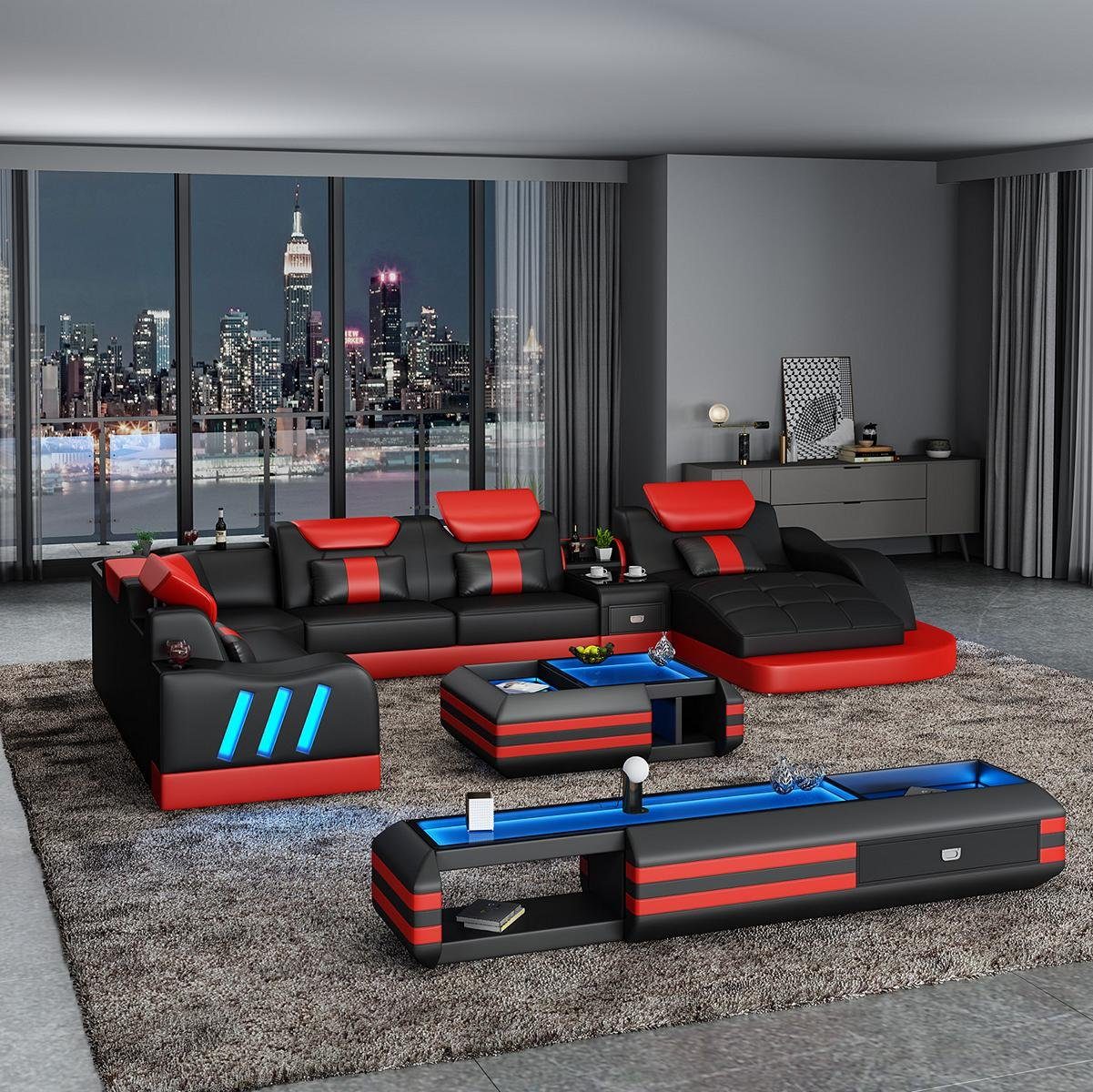 JVmoebel Wohnzimmer-Set, Ecksofa U-Form Sideboard Grau Couchtisch Design Schwarz/Rot Couch Polster Leder