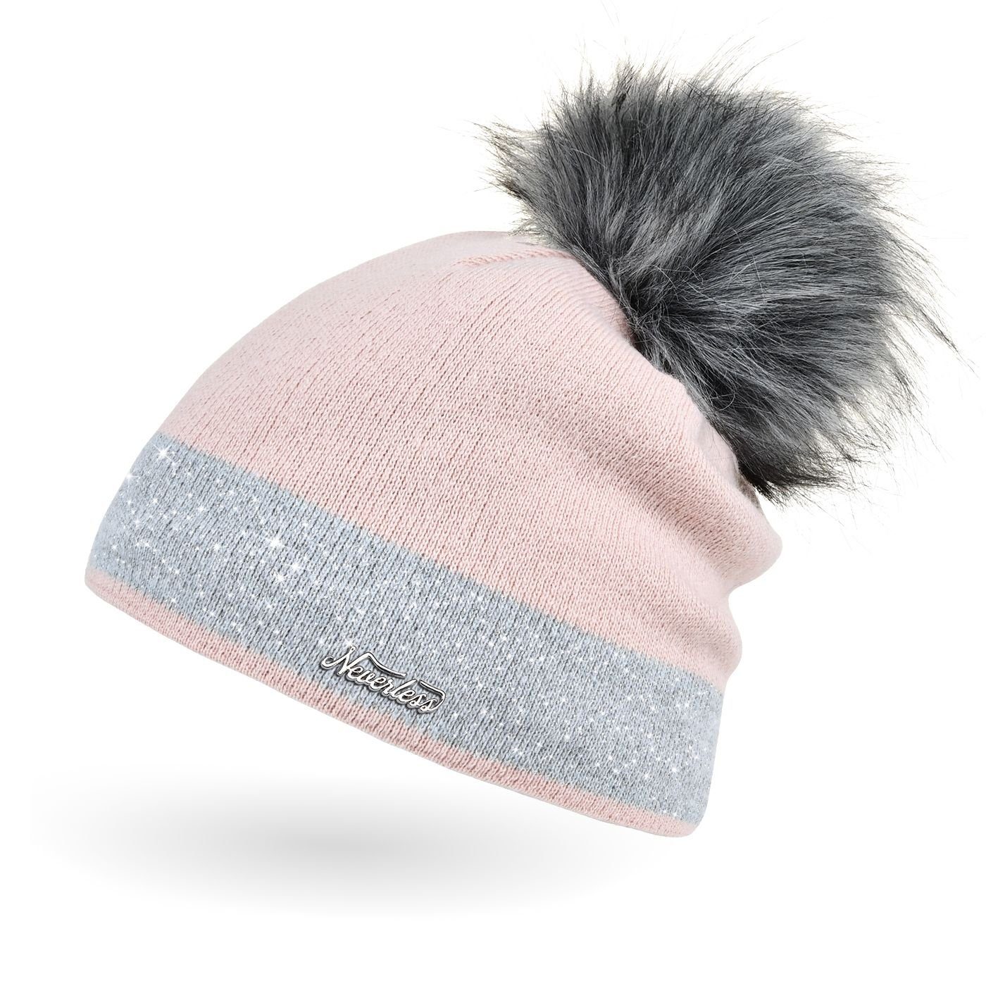 Neverless Bommelmütze Damen Strick-Mütze Bommelmütze Glitzer-Garn Neverless® Feinstrick gefüttert rosa Winter-Mütze Kunstfell Fell-Bommel mit