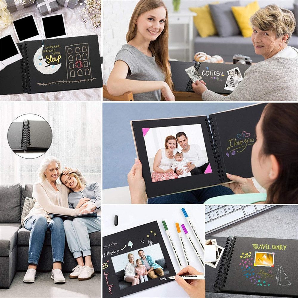 AURIVION Fotoalbum Zeichenalbum DIY mit 80 schwarzen Seiten für Fotos & Notizen (Set, 15-St., Scrapbook Geschenk für Hochzeit, Geburtstag & Erinnerungen), Fotoalbum Gästebuch mit Stiften für kreative Gestaltung