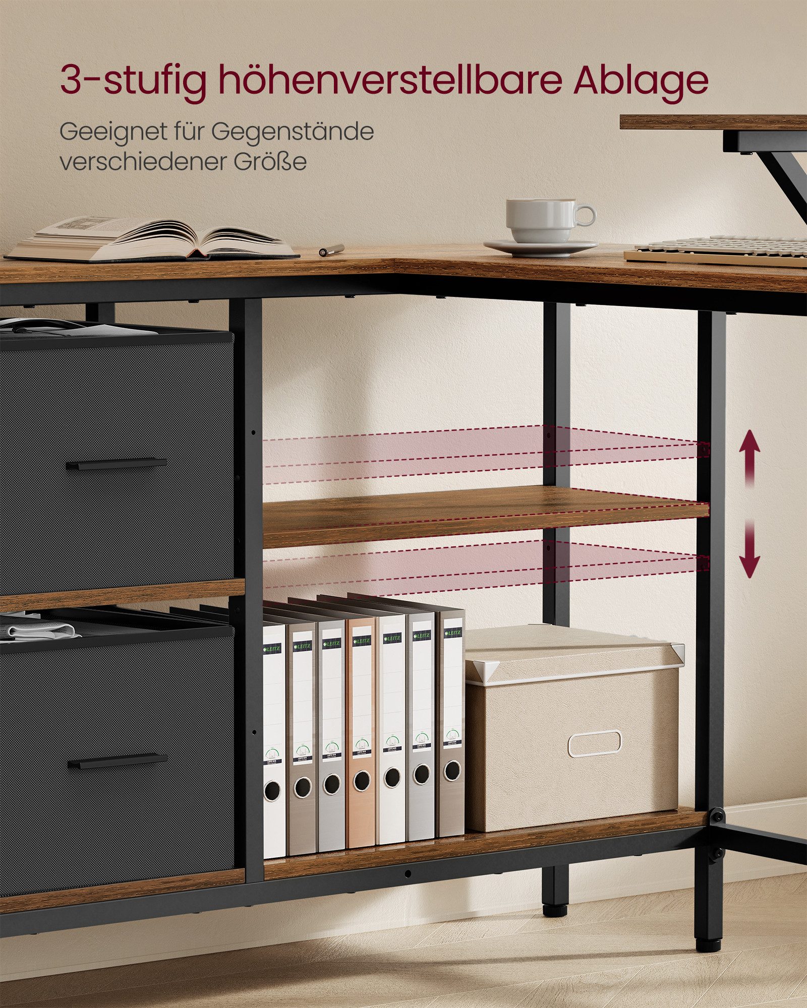 VASAGLE Eckschreibtisch L-förmiger Schreibtisch, 2 Schubladen, Computertisch, für Homeoffice, mit Monitorständer, mit verstellbarer Ablage, 115 x 105 cm – Bild 4 von 5