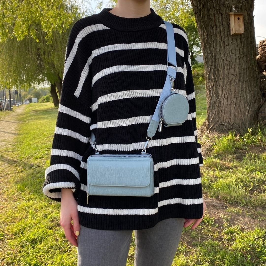 MAONI Geldbörse Geldbörse und Handytasche zum Umhängen - Schwarz (Packung, Handytasche zum Umhängen, einfarbiger Taschengurt, Münztasche), Vegan, Taschengurt auswechselbar, mit Handyfach