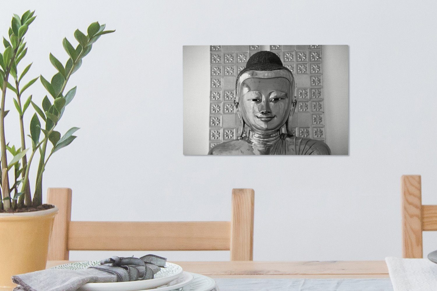 Leinwandbild OneMillionCanvasses® Buddha-Statue Aufhängefertig, cm schwarz Leinwandbilder, St), weiß, - und (1 Wanddeko, 30x20 Wandbild