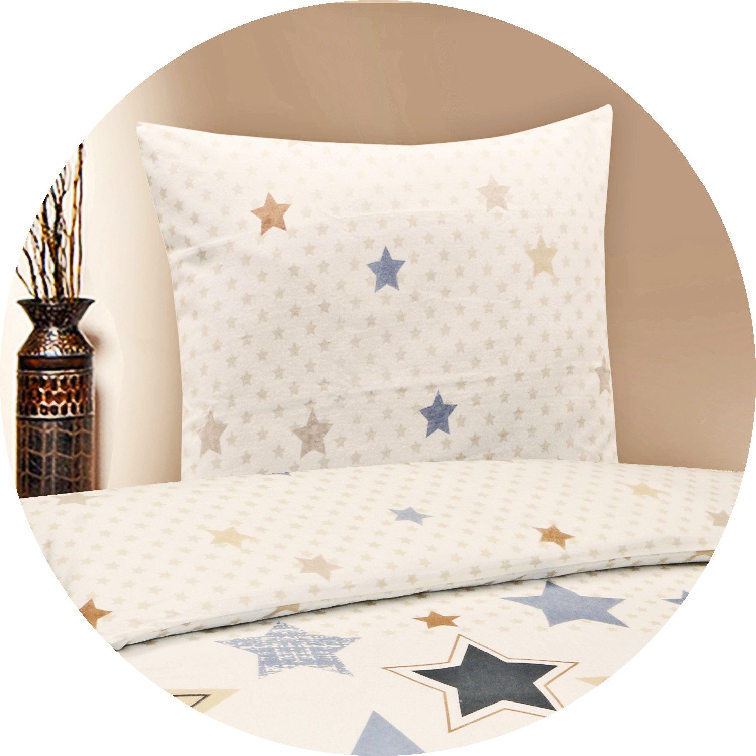 JACK Bettwäsche 135x200cm Sterne Braun Beige Offwhite, Biber, 2 teilig, tolles winterliches Sternendesign – Bild 4 von 5