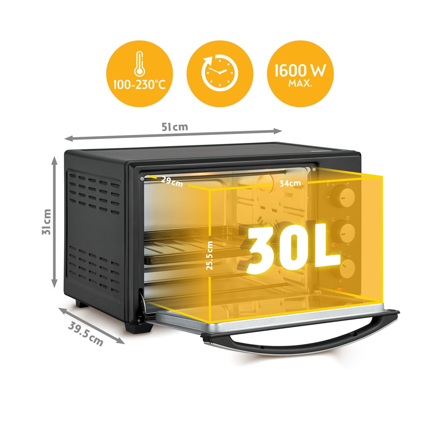 TZS FIRST AUSTRIA Minibackofen 30L 1600W, stufenlose Temperaturregelung bis 230°C, 60 Min Timer, 3 Einschubhöhen, Doppelglastür, Umluftfunktion