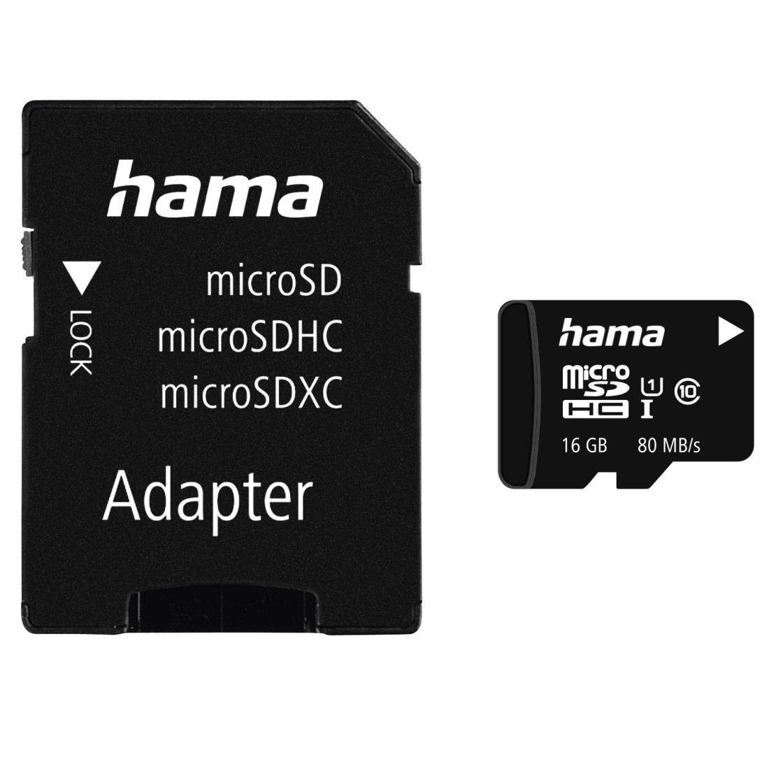Hama microSD Karte, Memory Fast, + Adapter/Foto, Class 10 UHS-I 80MB/s Speicherkarte (16 GB, UHS-I Class 10, 80 MB/s Lesegeschwindigkeit)