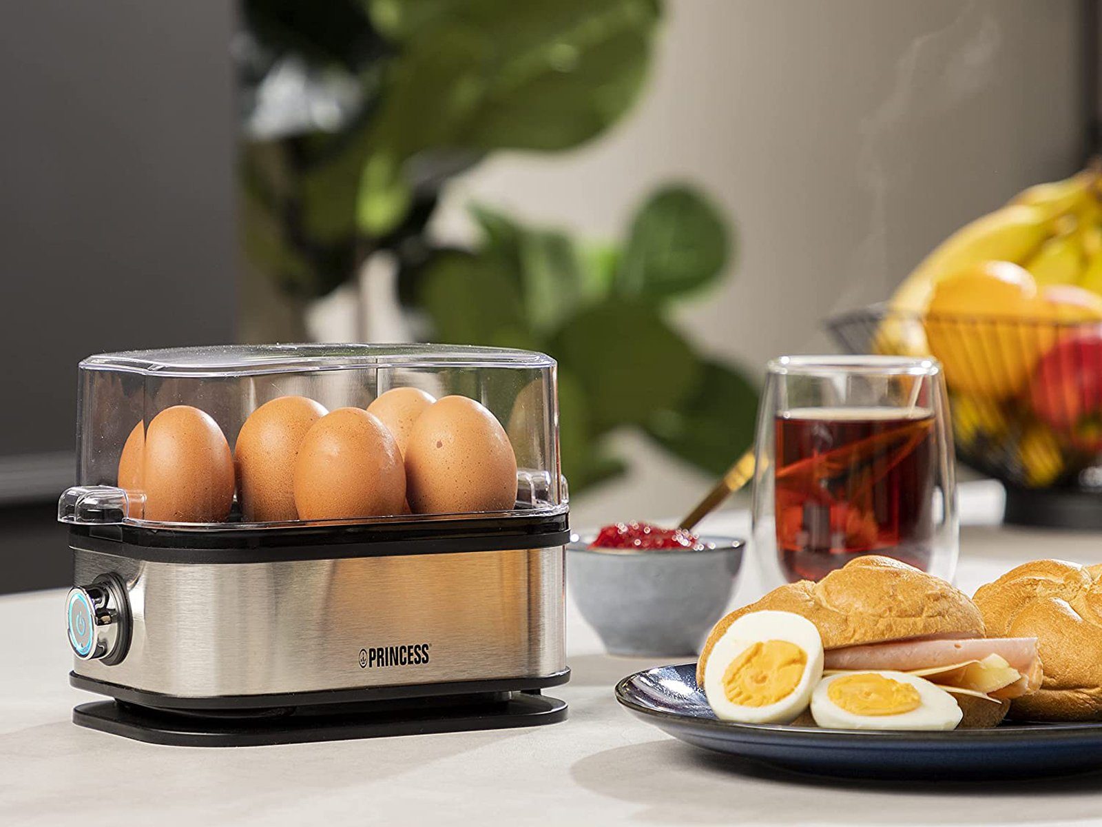 PRINCESS Eierkocher, Anzahl Eier: 6 St., 400 W, Edelstahl Egg Cooker für 1,2,3,4,5,6 Eier Messbecher mit Eierpiekser