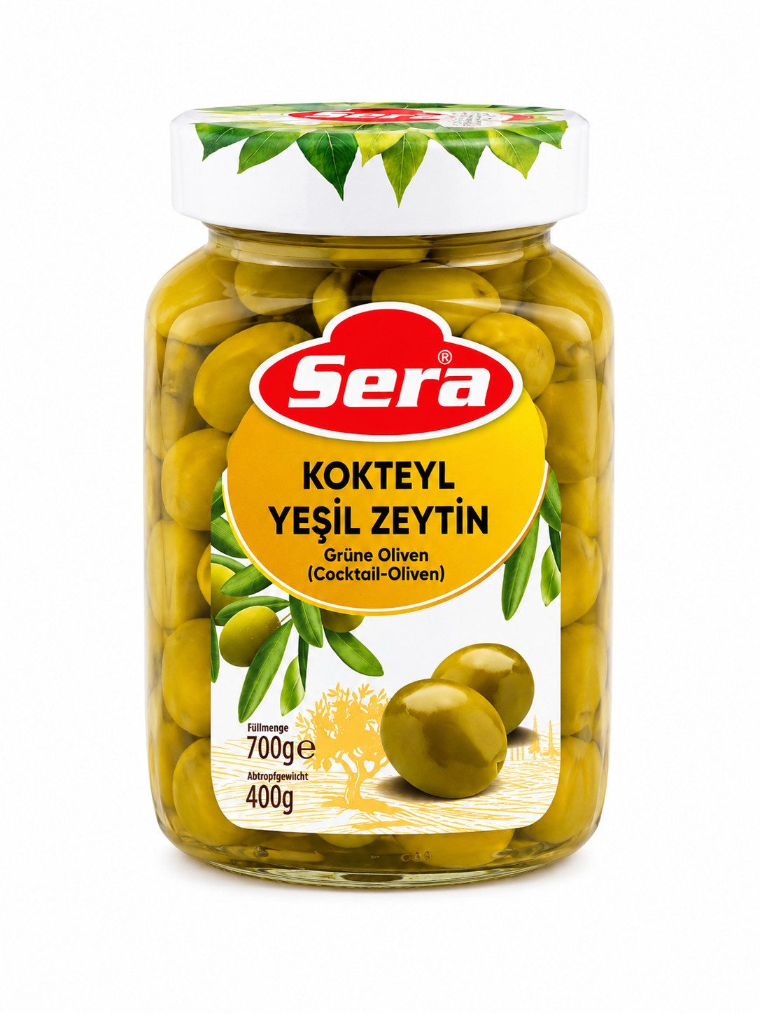 SERA FOOD Antipasti Sera Grüne Cocktail Oliven 400g Mild Knackig Snack & Antipasti, 1 x, Vegan, Ohne künstliche Zusatzstoffe, Knackige Konsistenz