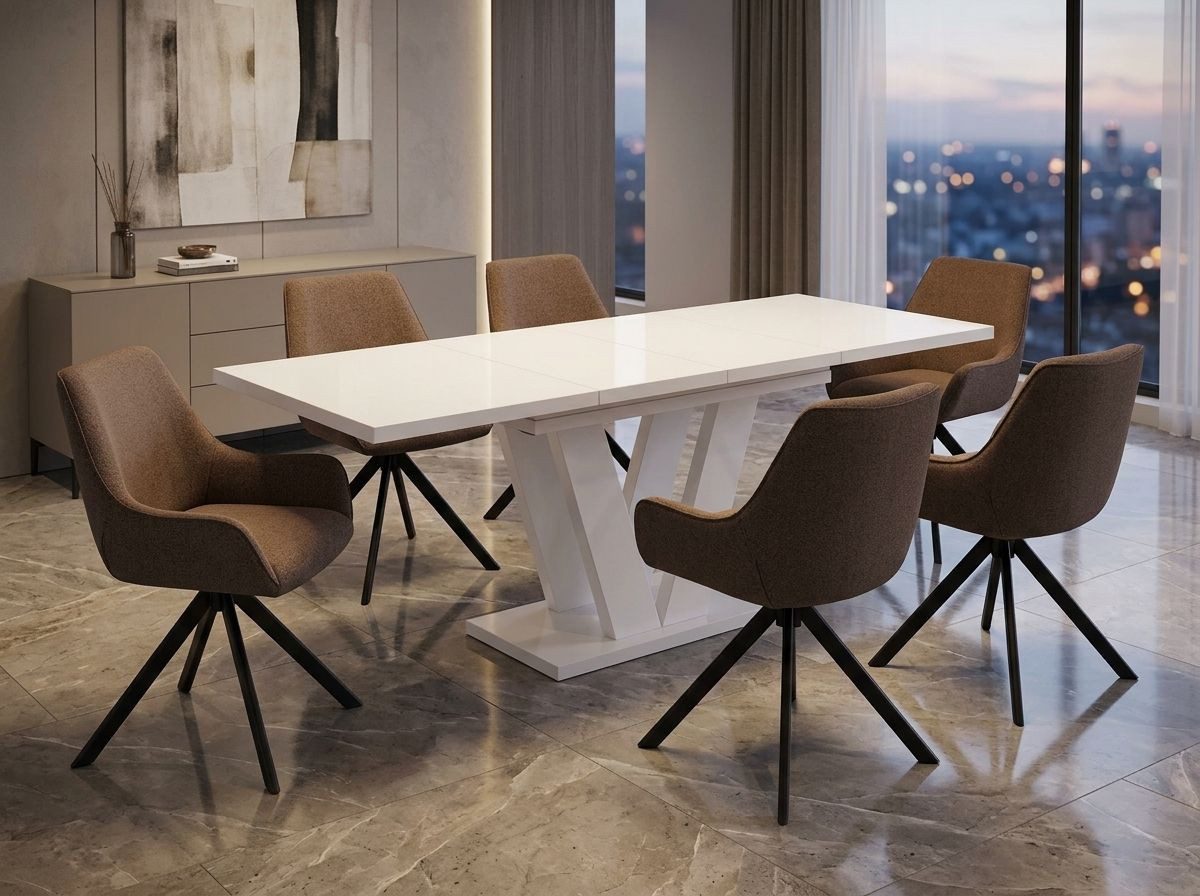 Endo-Moebel Essgruppe "Lara White" ausziehbar 130-210cm mit Stühlen, 6-8 Personen, (Set, 6-tlg), Ausziehbarer Säulentisch 130-210 cm und 360° Drehstühle mit Federkern