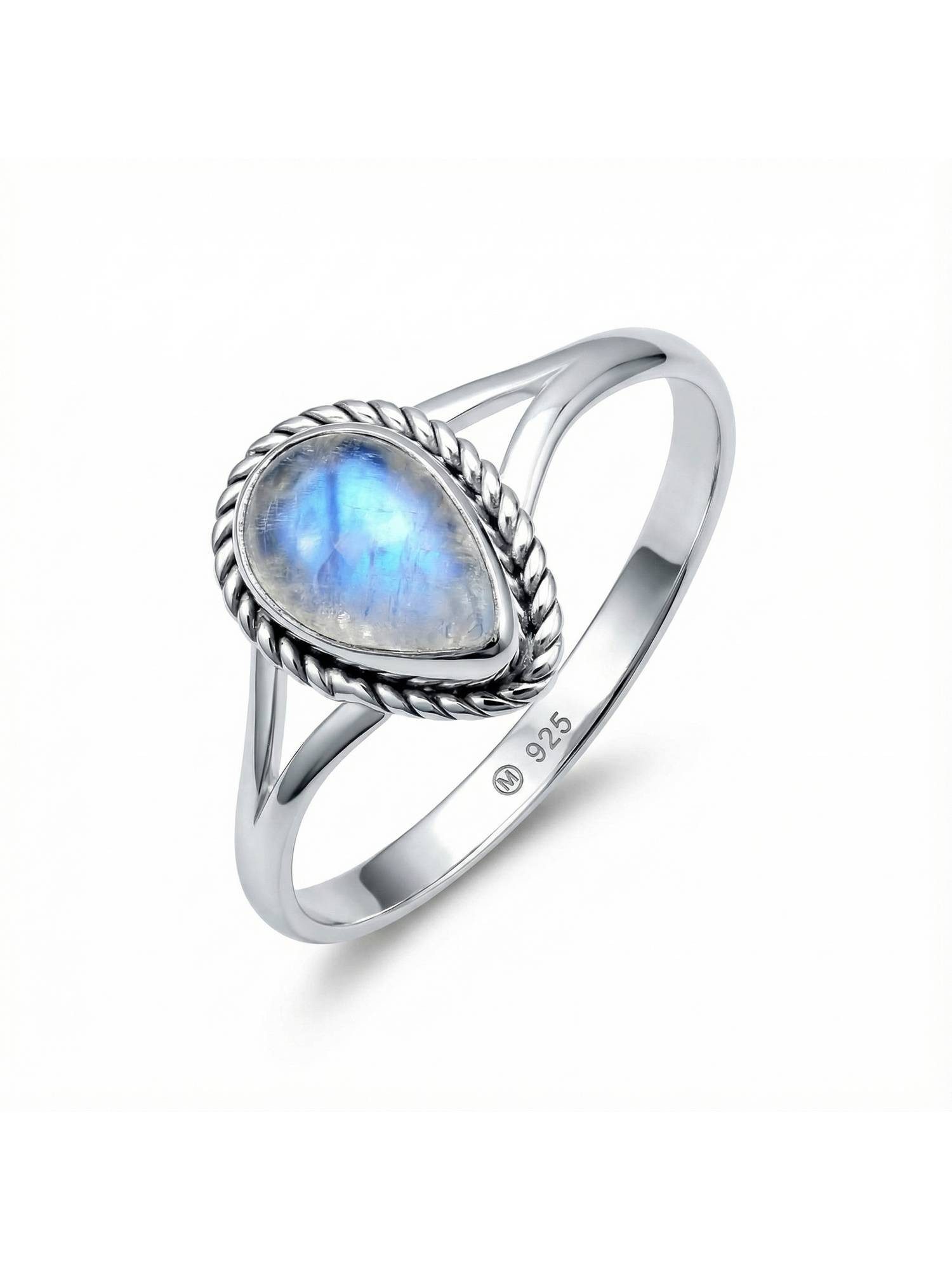 mantraroma Silberring NILA Tropfen aus 925 Silber mit Regenbogen Mondstein (Ring mit Schmuckbeutel), Damenring aus 925er Silber