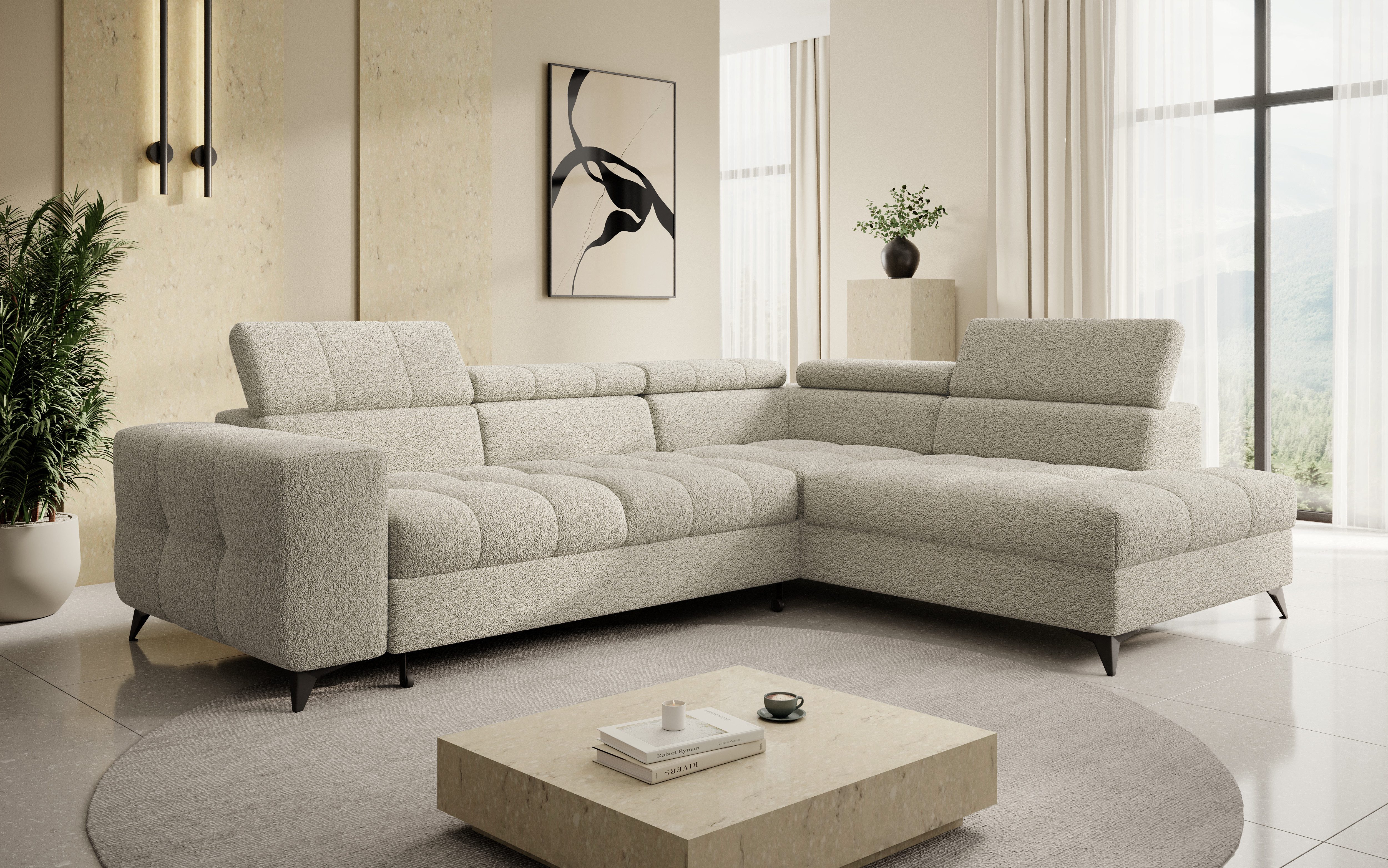 thematys Ecksofa SORANO mit Schlaffunktion & Bettkasten – L-Form, Bouclé und Velours, - mit verstellbaren Kopfstützen, – L-Form 270×203 cm – Schlafsofa mit Auszug, – L-Form 270×203 cm – Schlafsofa mit Auszug