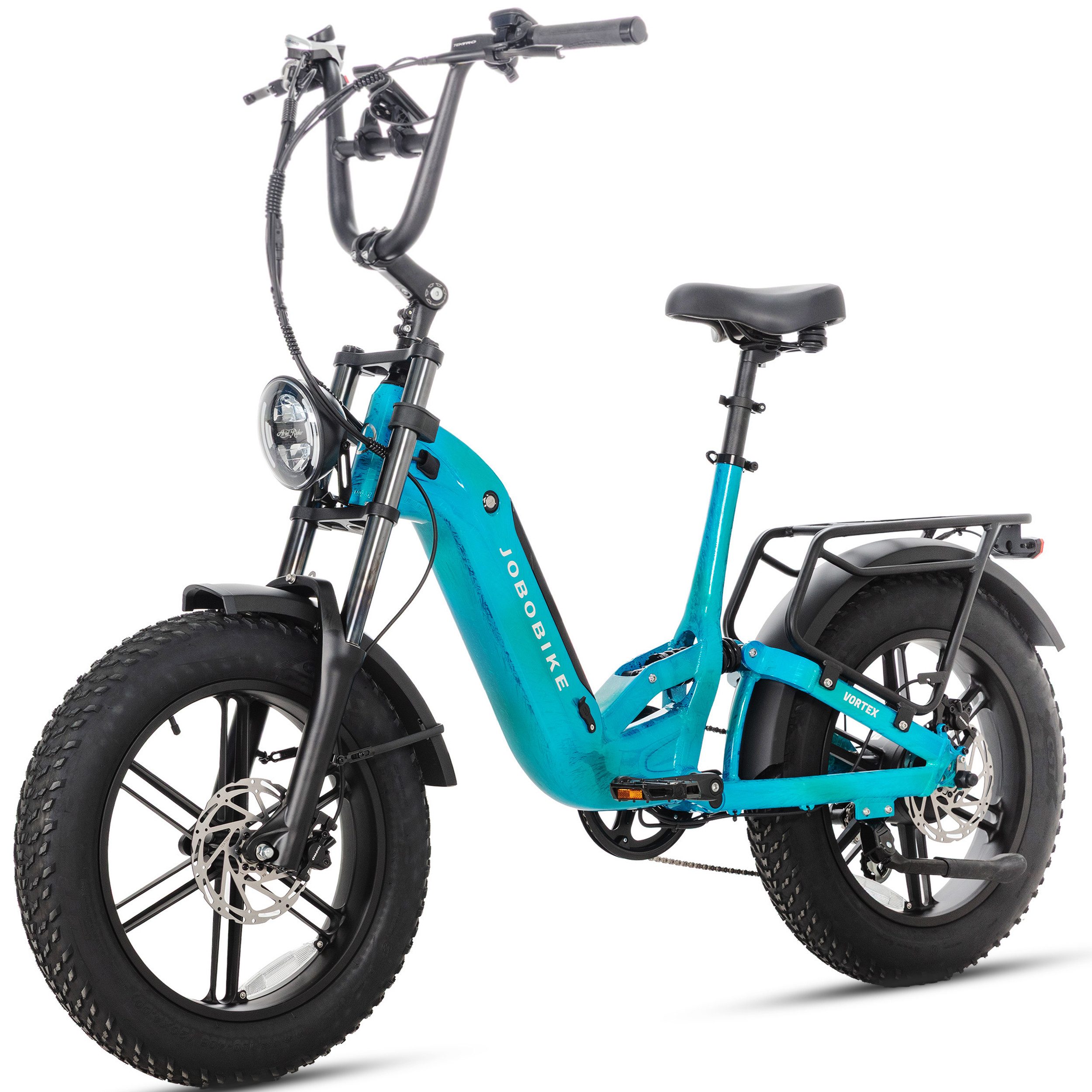 JOBOBIKE E-Bike Mountainbike 20 Zoll, 48V 720Wh, 150km, Fully, Vollfederung, Fatbike, MTB, 7 Gang Shimano, Kettenschaltung, Heckmotor, 720 Wh, (Lockout-Federgabel, Softtail, mit Bremslicht, 130 Lux Frontlicht), Drehmomentsensor, Farbdisplay, Elektrofahrrad für Damen und Herren