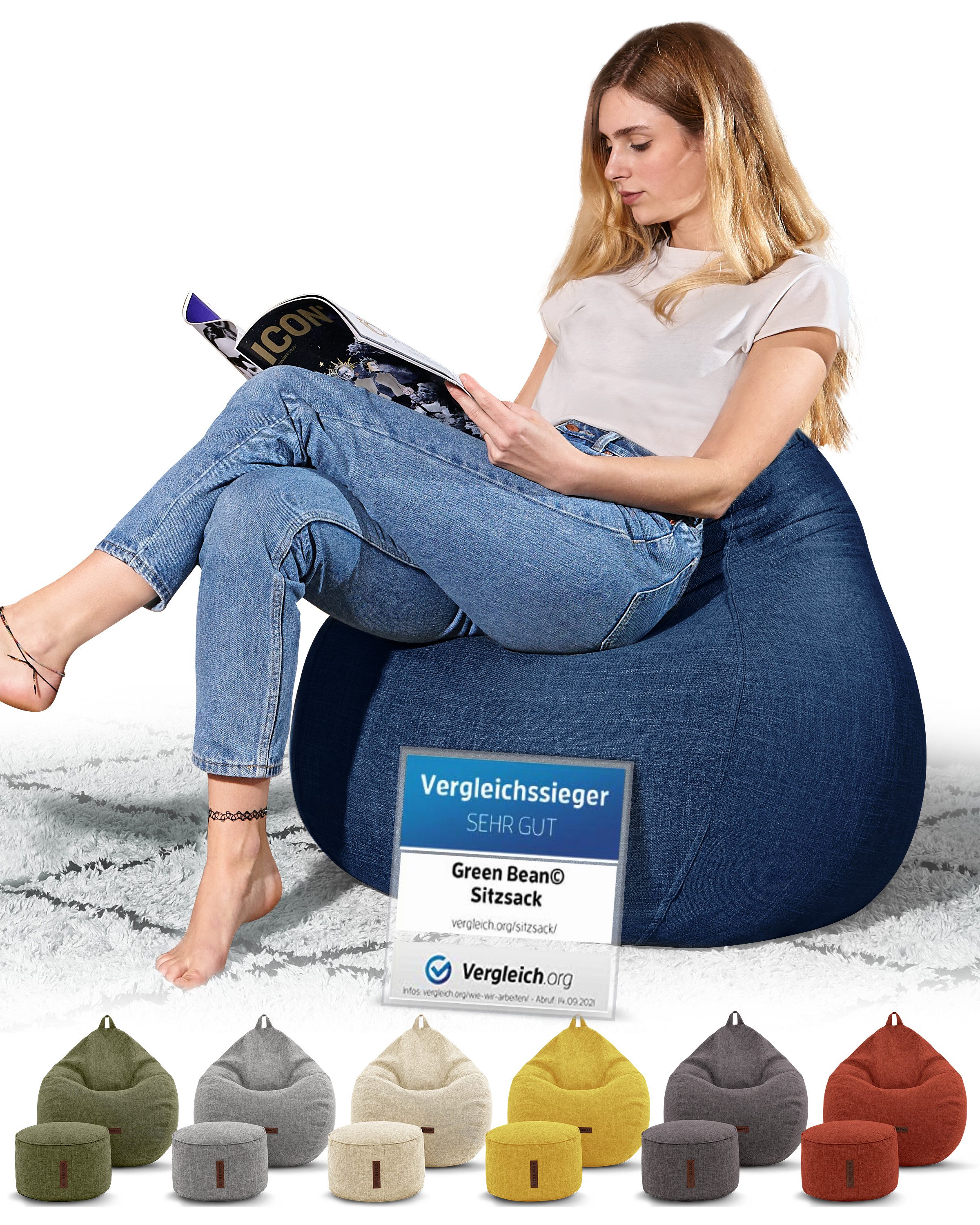 Green Bean Sitzsack Indoor Sitzsack L Home Linen + Hocker (2er Set Indoor Sitzsack 80x90x50cm + Sitzpouf 45x25cm mit EPS-Perlen Füllung -, Fußhocker Fußkissen Sitz-pouf Bodenkissen Liegekissen), Sitzkissen Lounge Chair Sitzhocker Relax-Sessel Bean Bag