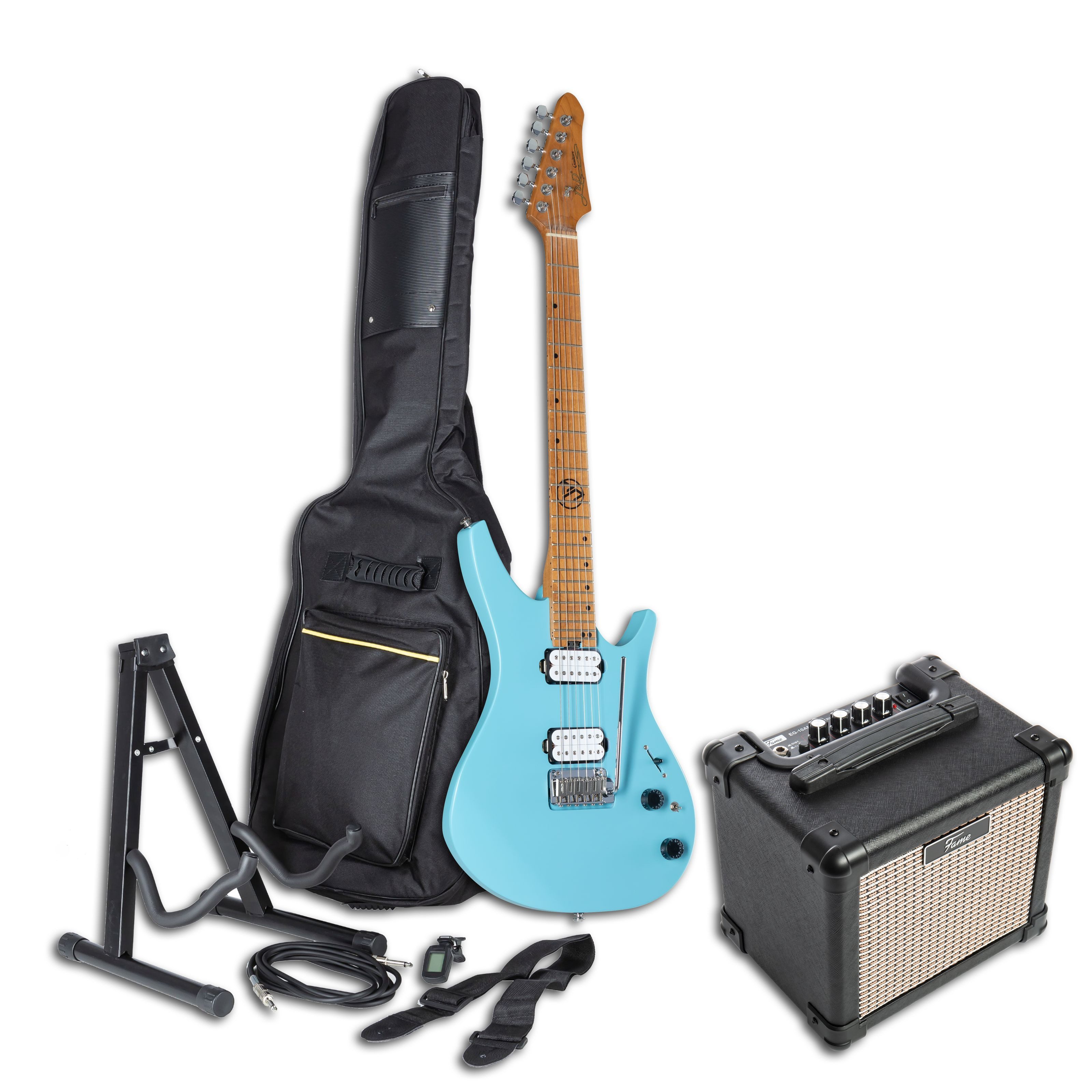 J & D E-Gitarre, Fame E-Gitarren Set ST Special Natural inklusive GX-15 Combo Verstärker Clip-on Tuner 3m Instrumentenkabel Naturfarben, E-Gitarren, E-Gitarren-Sets, DX-100 Powder Blue + EG-10AM - E-Gitarren Anfänger Set