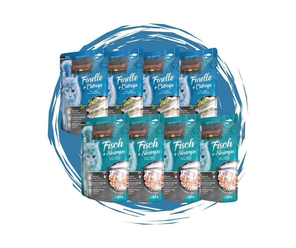 Leonardo Catfood Leonardo Frischebeutel Bundle - 8x85g verschiedene Sorten im Mixpaket 4x Forelle & Catnip und 4x Fisch & Shrimps, Nassfutter für: Katzen