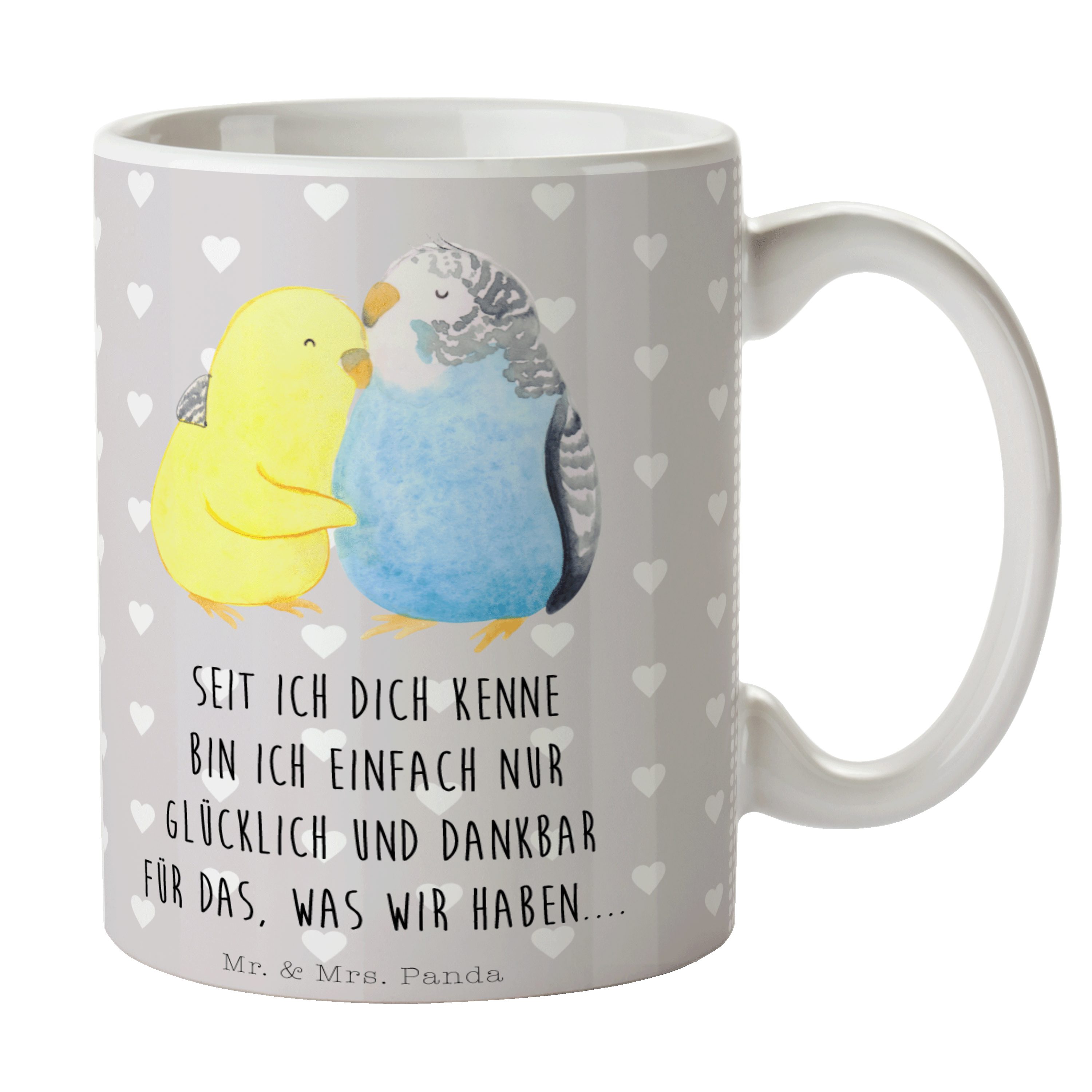 Mr. & Mrs. Panda Tasse Wellensittich Liebe - Grau Pastell - Geschenk, Keramiktasse, Umarmen, Keramik