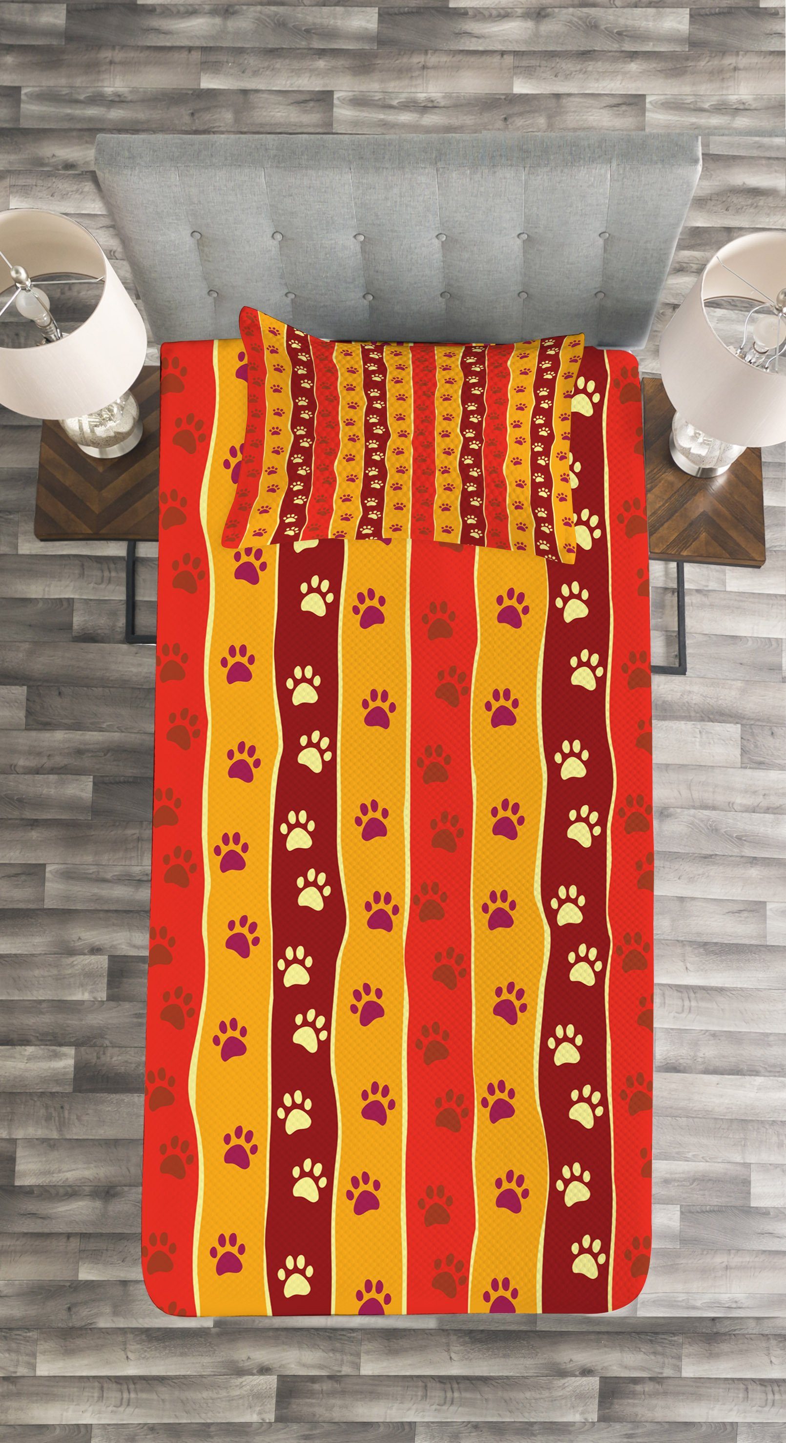 und Trace-Muster Cat Tagesdecke mit Set Rot Braun Kissenbezügen Waschbar, Paw Abakuhaus, Dog