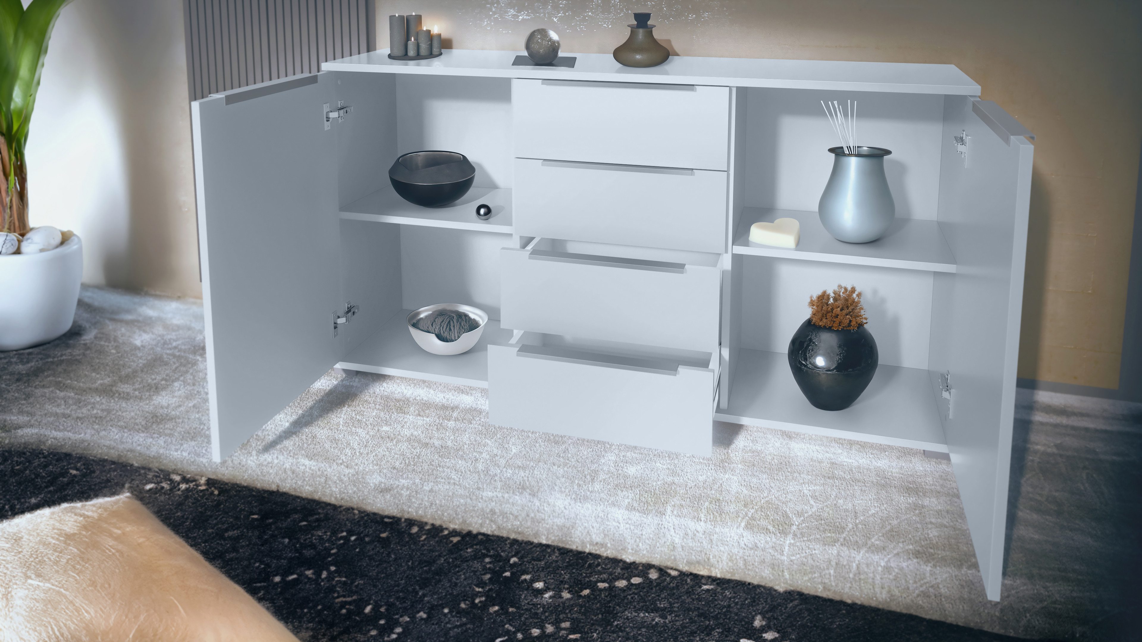 Vladon Sideboard Linio V1 (Anrichte, mit 2 Türen und 4 Schubladen), Weiß matt/Bordeaux Hochglanz (138,5 x 75,5 x 35 cm)