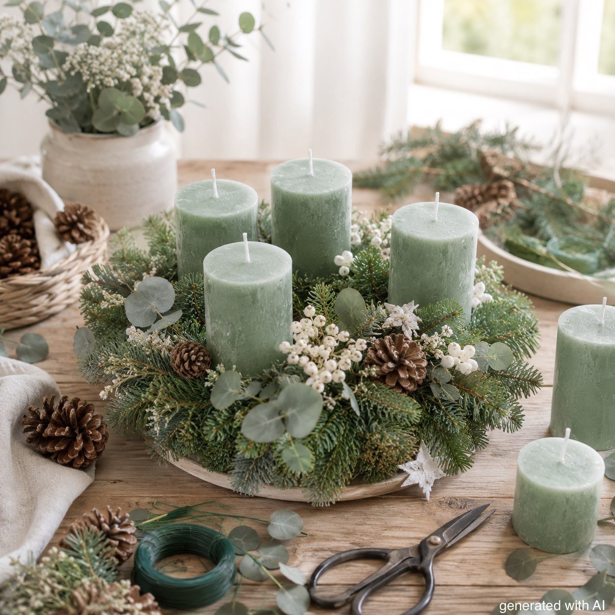 ZauberDeko Rustic-Kerze 4 Rustic Stumpenkerzen Grün Salbei Tischdeko Adventskranz Ø 6cm H 8cm