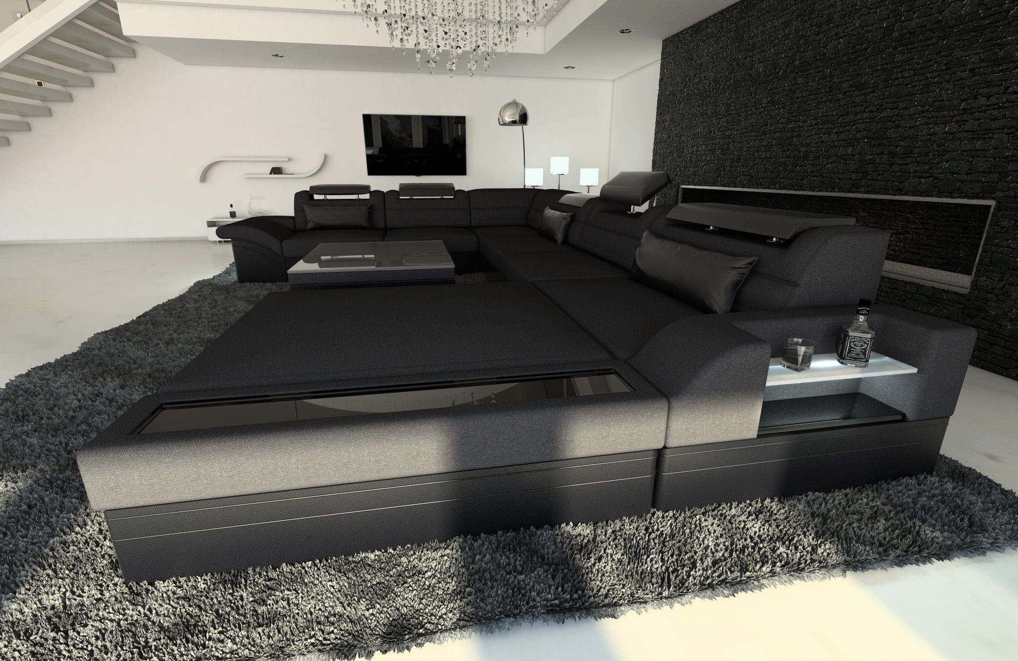 Sofa Dreams Wohnlandschaft Polster Stoff Sofa Mezzo XXL U Form Stoffsofa Couch, mit LED, wahlweise mit Bettfunktion als Schlafsofa, Designersofa