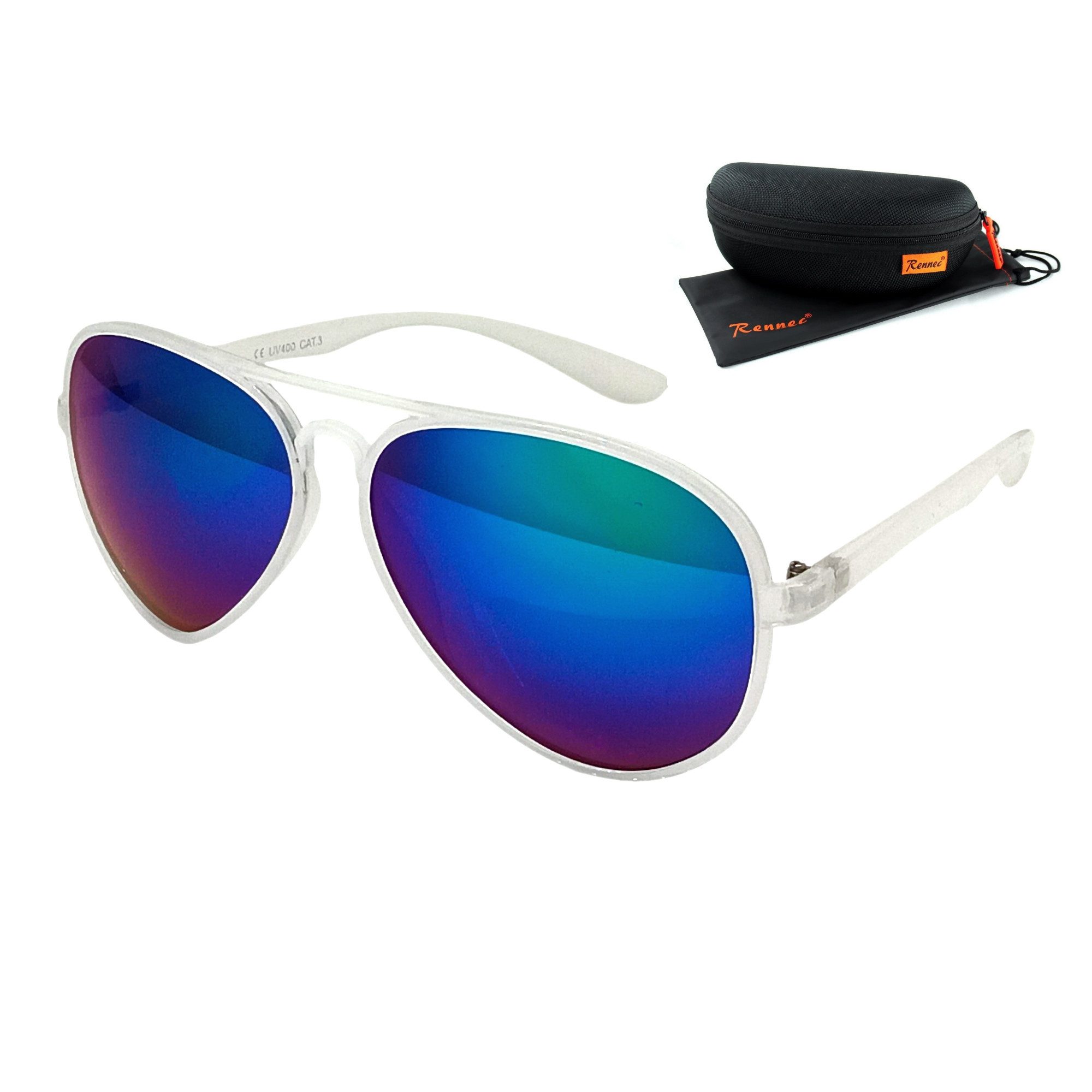 Rennec Sonnenbrille (Piloten Sonnenbrille Leichtgewicht Kunststoff Verspiegelte Gläser) Transparente große Pilotenbrille mit Hardcase und Brillenbeutel