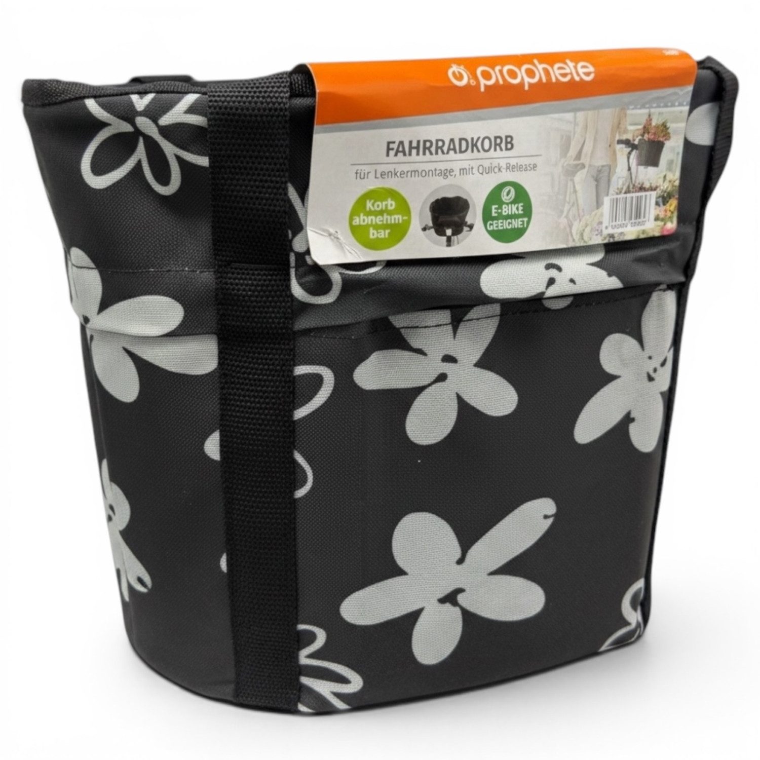 Prophete Fahrradkorb 5405 Fahrradkorb City - Tasche inkl. Halter, Schwarz BLUMEN Motiv
