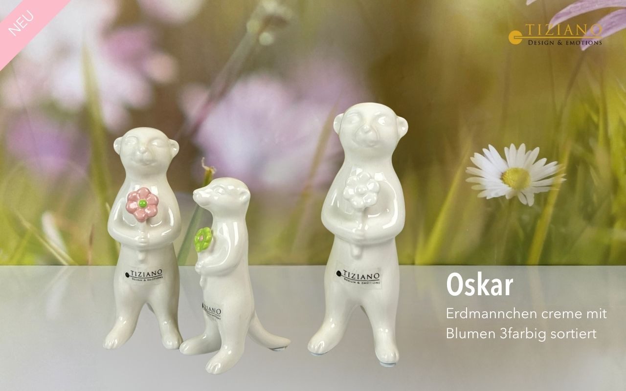 TIZIANO - DESIGN & EMOTIONS Dekofigur Deko Erdmännchen Oskar mit Blume in 3 Farben