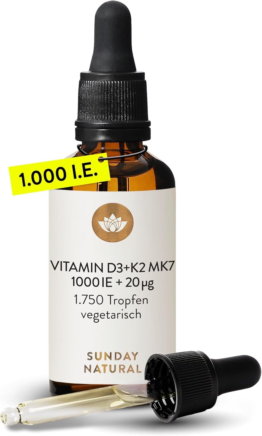 SUNDAY NATURAL Vitamin D3 + K2 Tropfen - Premium 99,8+% All-Trans Tropfen, 1 er hochdosiert, flüssig - Perfekt zum Teilen à 49 ml, + hoch bioverfügbares Vitamin D3 - Laborgeprüft in Deutschland