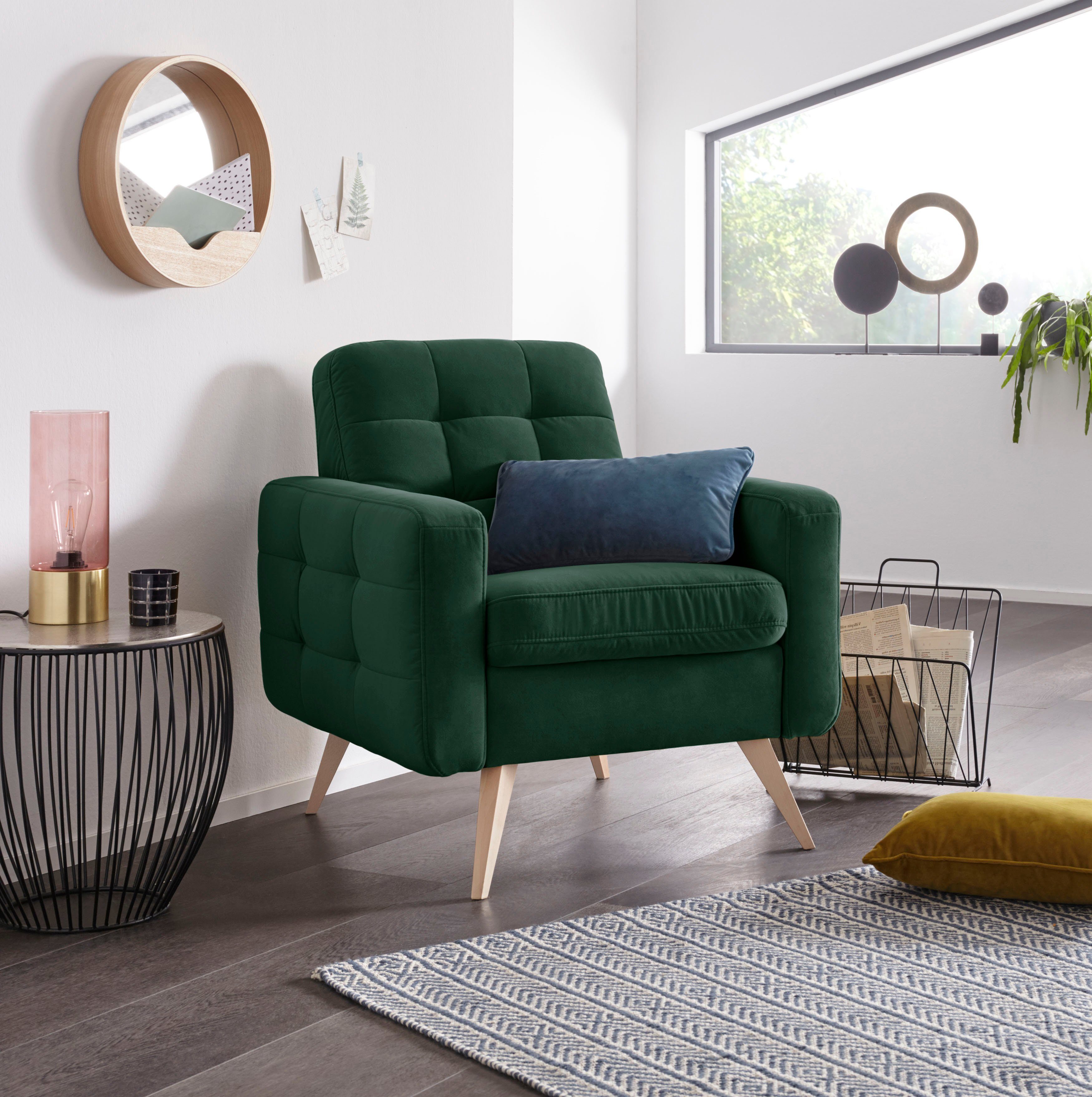 exxpo - sofa fashion Sessel Nappa, Loungesessel, aktuelle Rückensteppung, bequem und modern, hoher Holzfuß