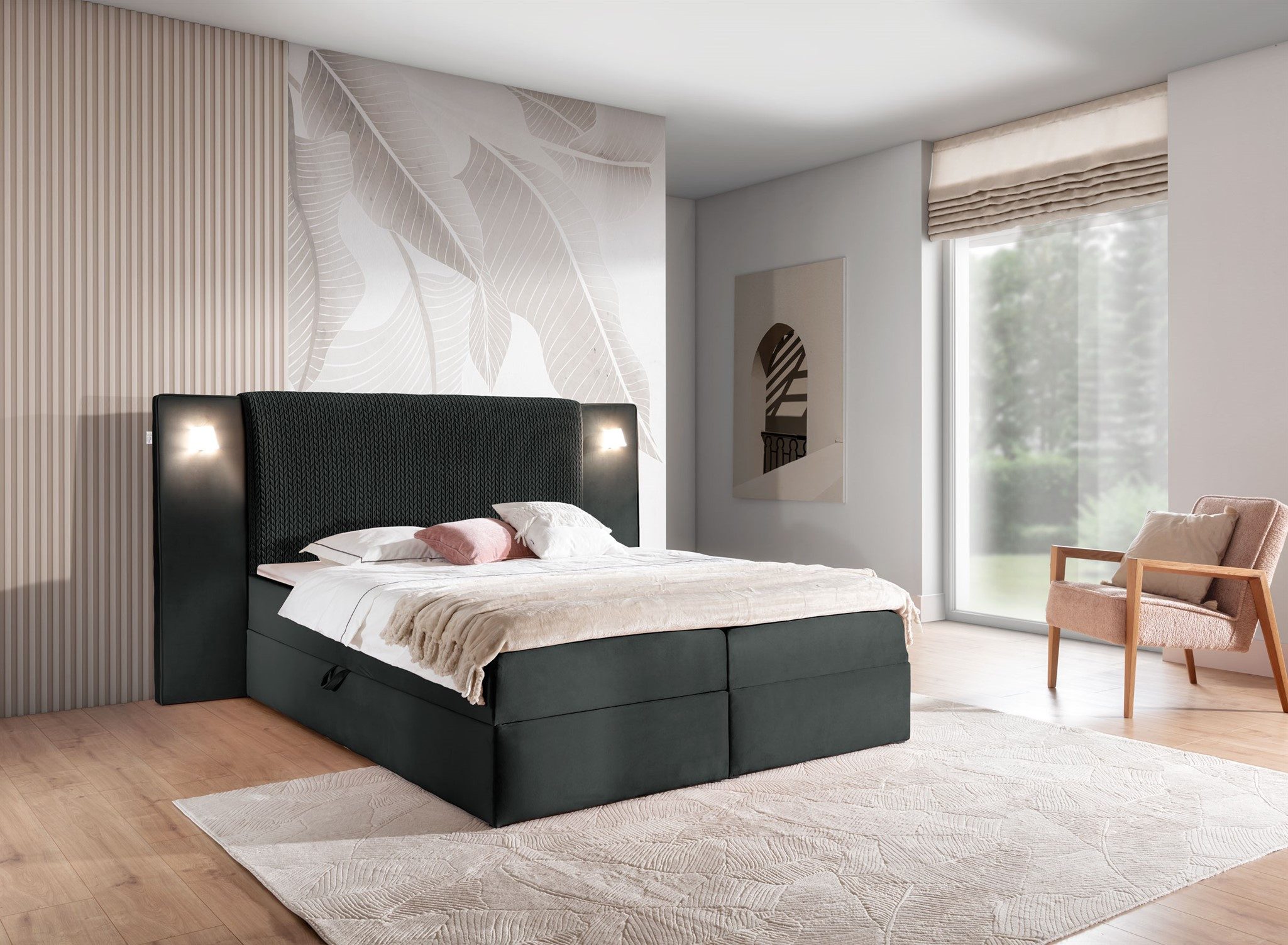 Fun Möbel Boxbett Bett MARTEN Überlänge in Stoff Magic Velvet Set.4 (inkl. Bettkästen und Kaltschaumtopper, inkl. Polsterhocker mit Stauraum und 2 x Nachttische), Ambiente-Beleuchtung mit Touch Funktion im Kopfteil