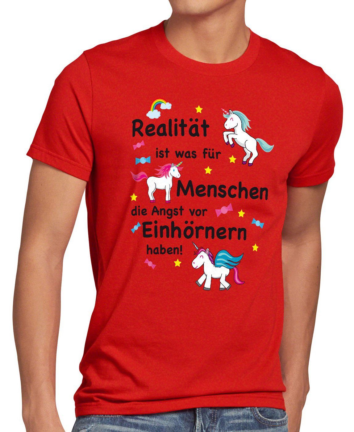 style3 Print-Shirt Herren T-Shirt Realität ist für Menschen Angst Einhörnern haben Unicorn Einhorn rot