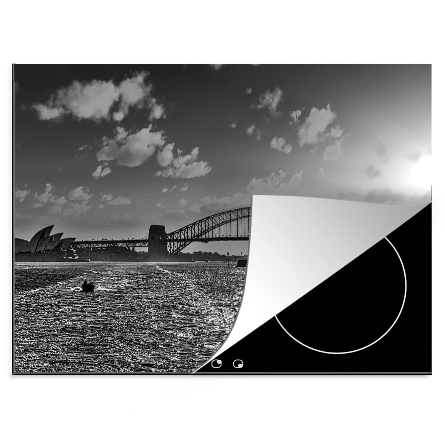 MuchoWow Herdblende-/Abdeckplatte Silhouette der Sydney Harbour Bridge in Australien - schwarz und weiß, Vinyl, (1 tlg), 70x52 cm, Mobile Arbeitsfläche nutzbar, Ceranfeldabdeckung