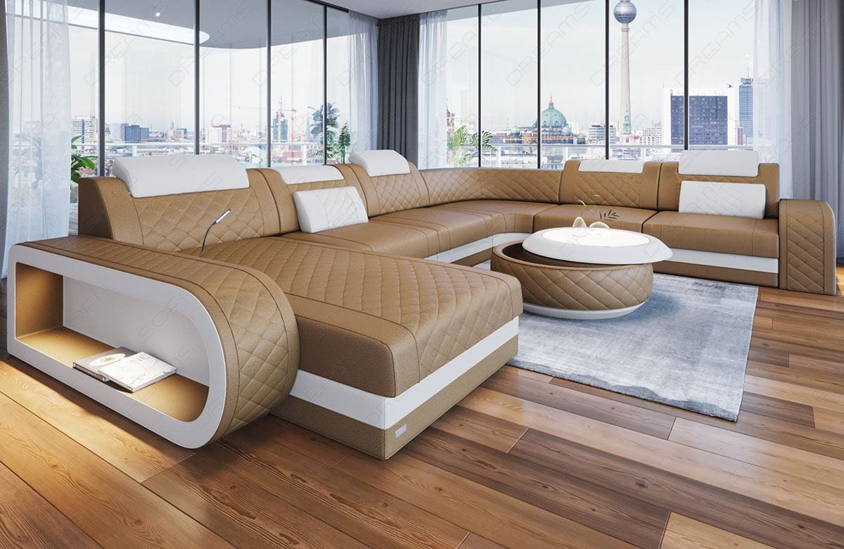 Sofa Dreams Wohnlandschaft Ledersofa Berlin XXL U Form Mini Designersofa, 6-Sitzer, Ottomane, freie Farbwahl, LED, USB