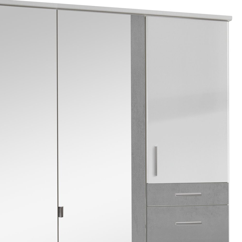 Stylefy Drehtürenschrank Embu (Kleiderschrank, Mehrzweckschrank) - Beton Modern Holzwerkstoff, Schubladen, Design, viel mit Weiß Spiegel, 5-türig, Optik aus mit Stauraum