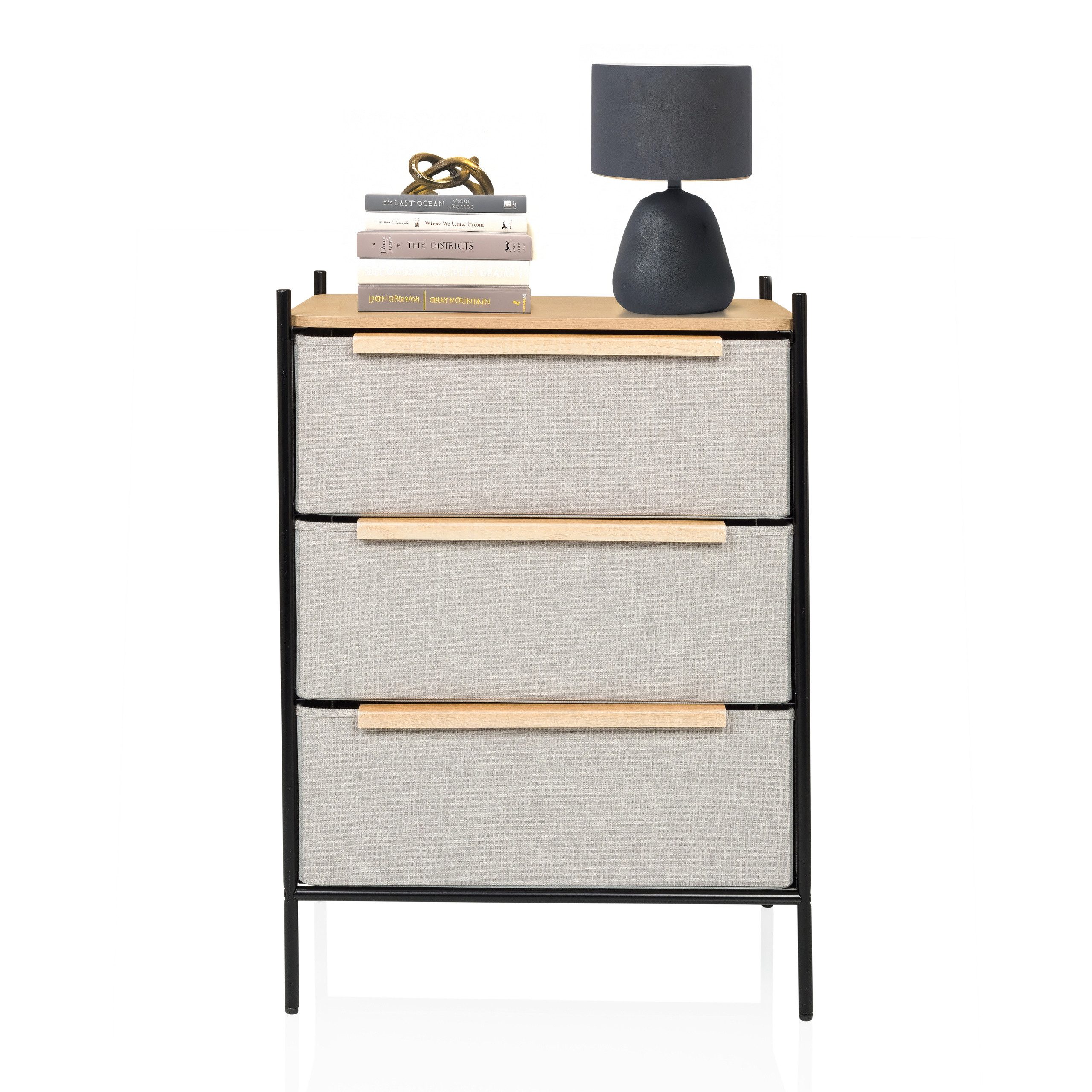 hjh LIVING Kommode STUVAR Sideboard H/B/T: 79.0 x 58.0 x 39.0 cm, Schubladenkommode mit 3 Stoff-Schubladen, Metallgestell, Holzgriffe